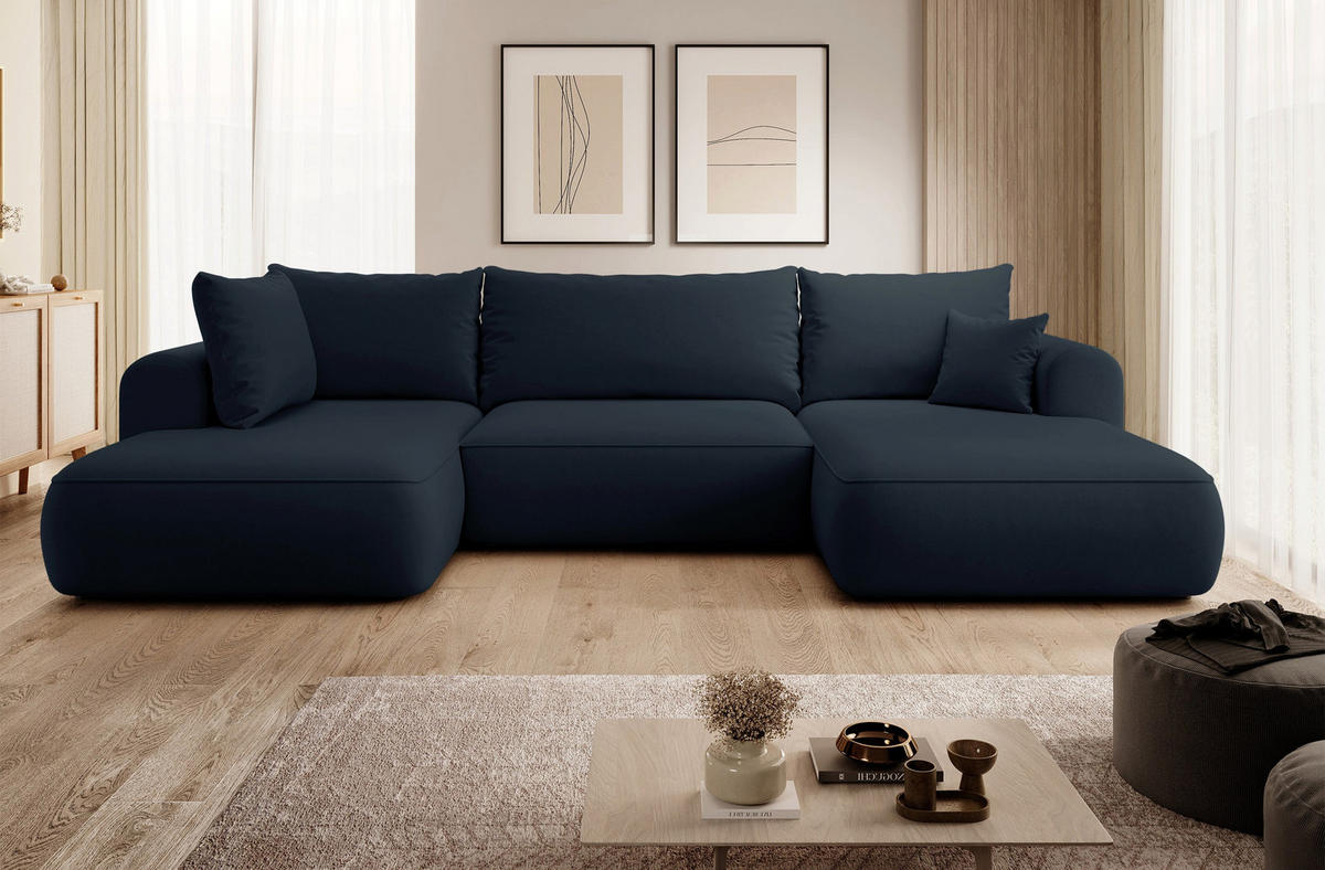 WOHNLANDSCHAFT Ovo Dunkelblau Velours - Schwarz/Dunkelblau, Textil (375/95/185cm) - Selsey
