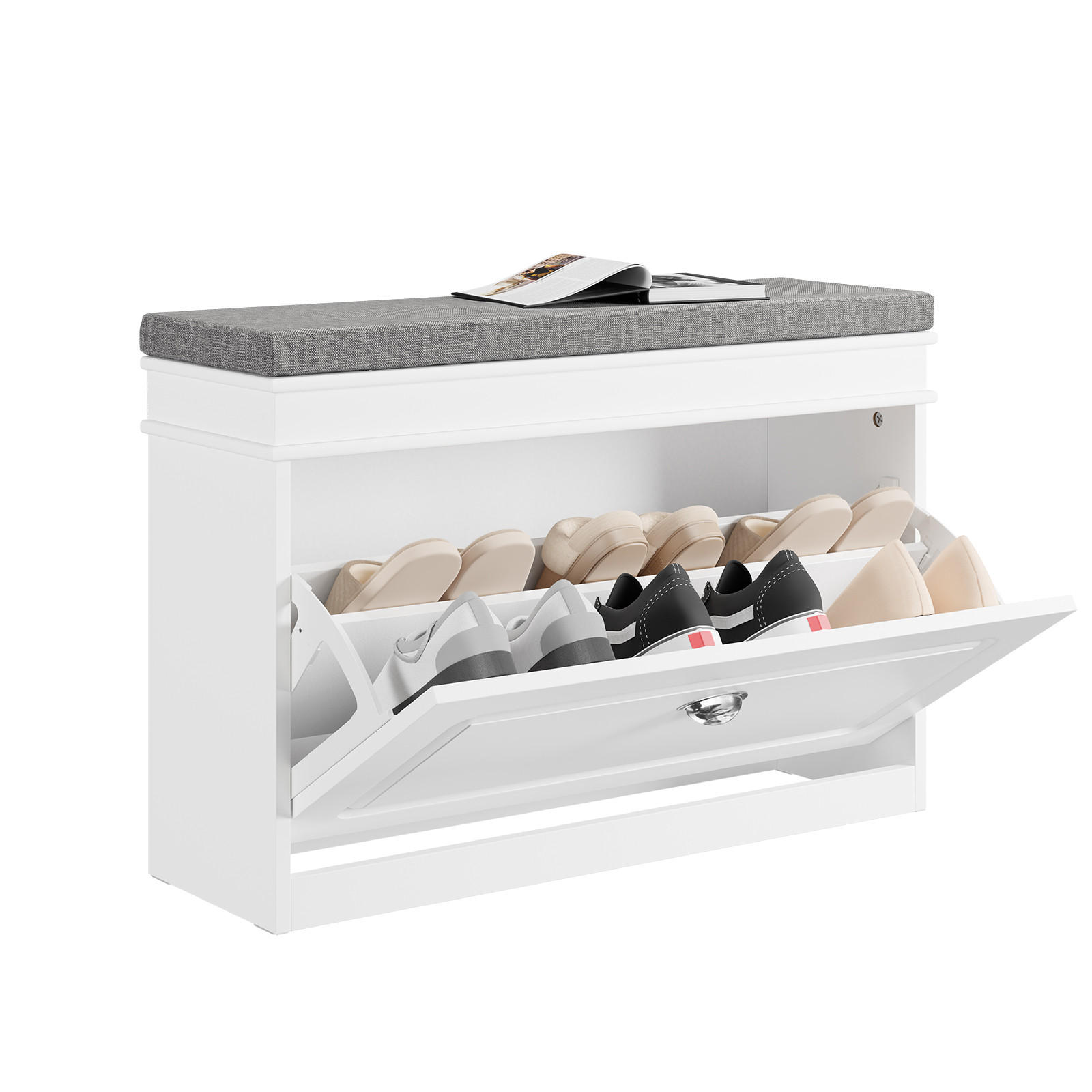 SCHUHBANK mit Sitzkissen und Klappe, Weiß 75x51x24cm - Weiß, Holzwerkstoff (75/51/24cm) - SoBuy