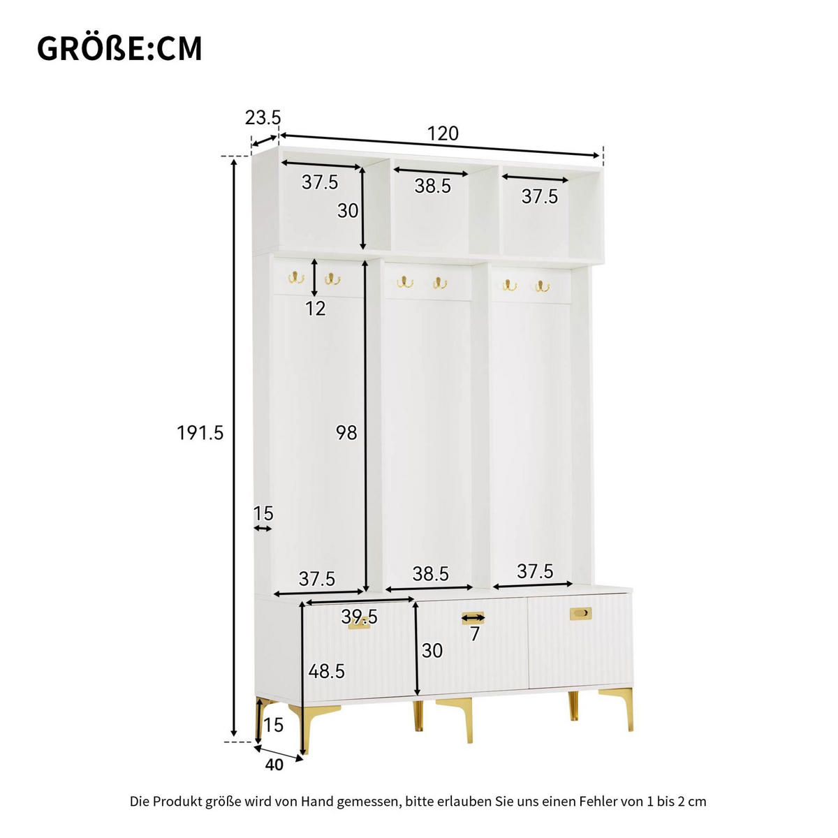 STANDGARDEROBE mit Sitzbank in Weiß, hochglänzend, B/T/H: 120/23,5/191,5 cm - Weiß, Holzwerkstoff (40/191/120cm) - BEAOK