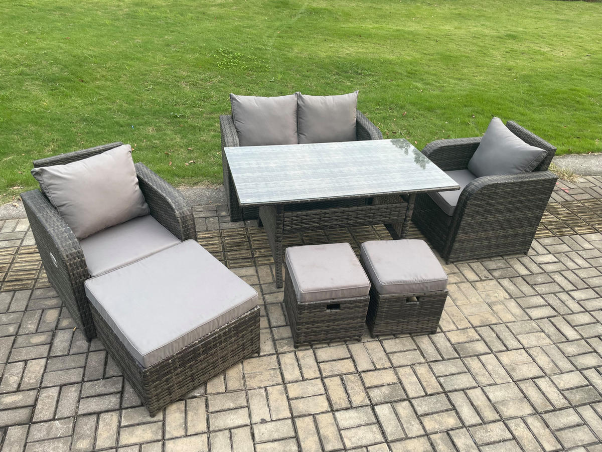 GARTENMÖBEL SET mit Hocker,Zweisitzer Polyrattan 7-Sitzer - Dunkelgrau/Grau, Glas/Kunststoff - Fimous