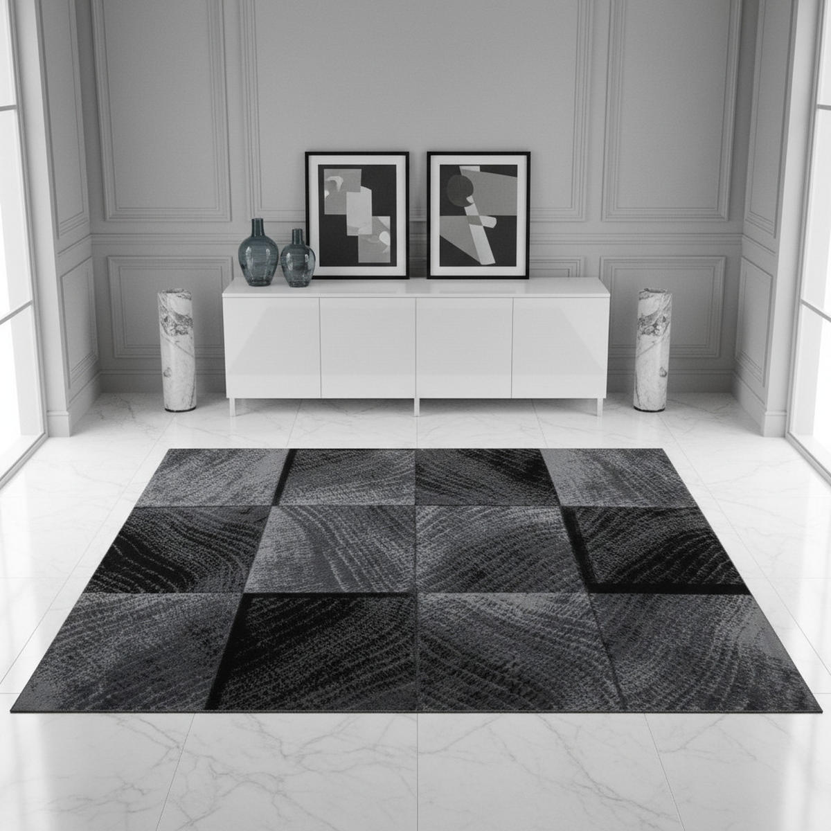 TEPPICH Kurzflor Karo-Design Polypropylen Wohnzimmer Schwarz Rechteckig 280x370 - Schwarz, Textil (280/370cm) - KADIMA DESIGN