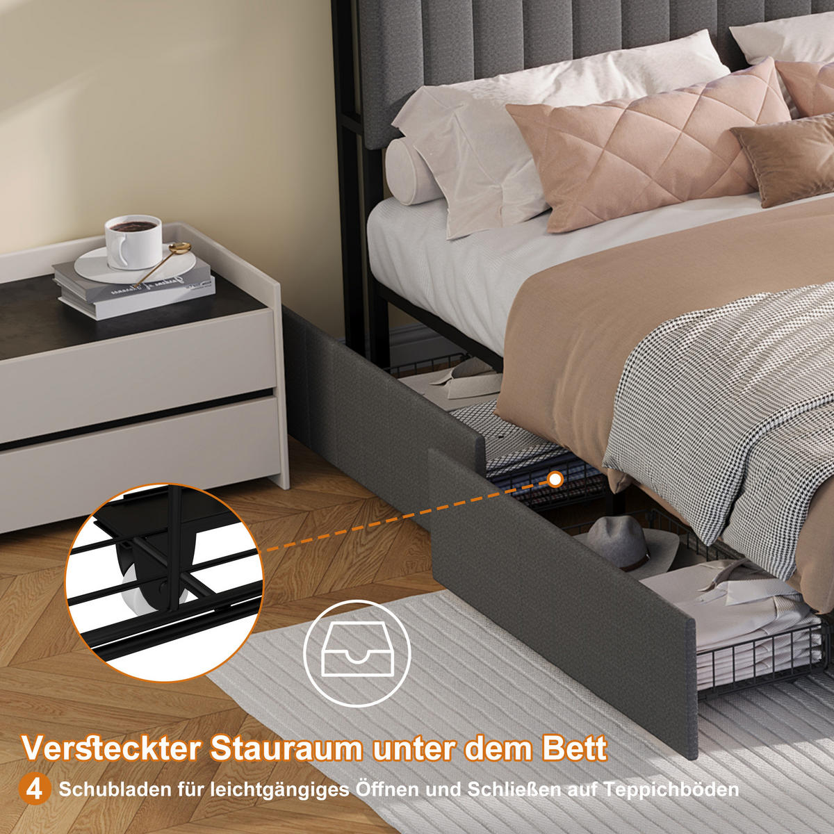 POLSTERBETT 90x200 cm mit LED und USB, Einzelbett mit Lattenrost und Kopfteil, 2 Schubladen, Bett 90x200, Leinenstoff, Grau - Grau, Holzwerkstoff/Textil (90/200cm) - GENKI LIVING