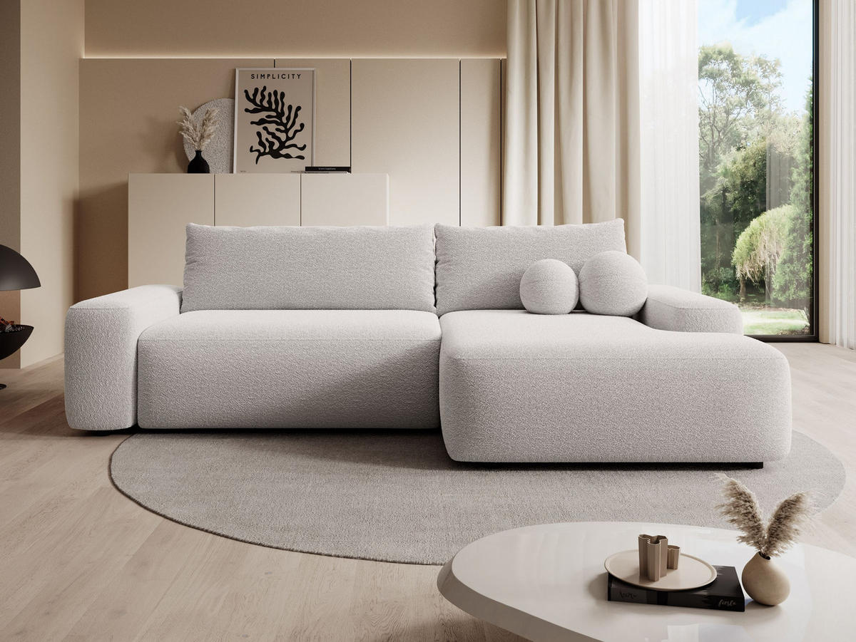 ECKSOFA RUOTA Grau Boucle-Stoff mit Schlaffunktion - Grau, Holz (264/162cm) - MASSENO