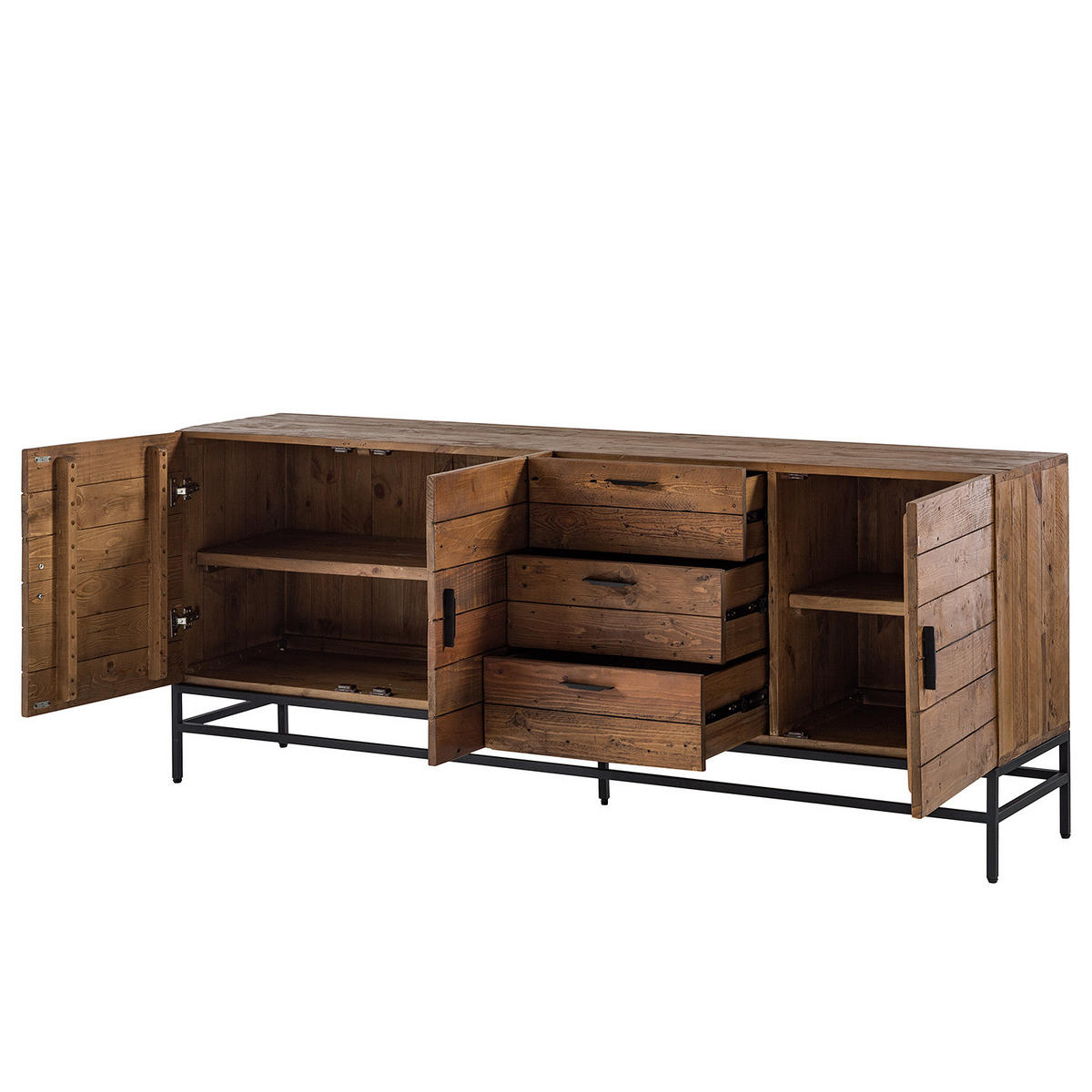 SIDEBOARD mit 3 Türen - Akazie massiv / Metall - Schwarz/Pinienfarben, Holz (200/80/45cm) - home24