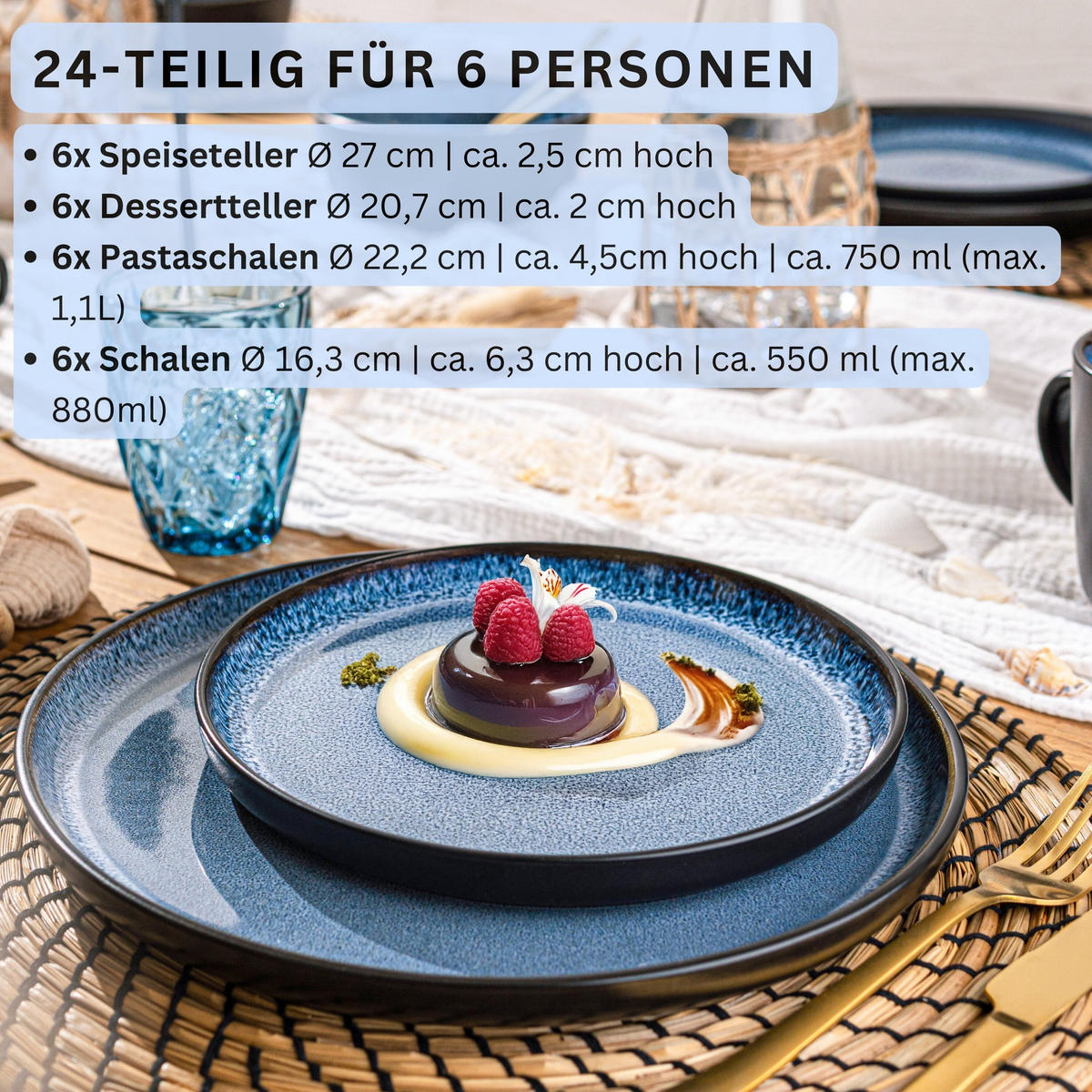 TAFELSERVICE ARUBA - 24-teilig aus Steingut - Blau, Keramik (44/45/54cm) - Sänger