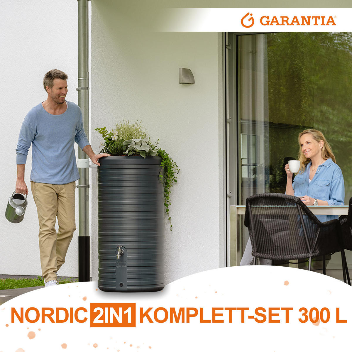 2IN1 Regentonnen Komplett-Set 300 L graphite grey inkl. Chrom-Auslaufhahn und Fallrohranschluss - Graphitfarben, Kunststoff (59/118/59cm) - GARANTIA