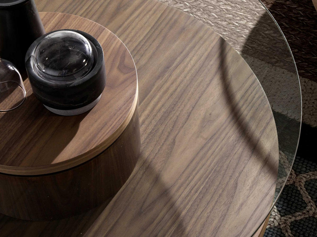 COUCHTISCH Runder aus gehärtetem Glas und Nussbaumholz Ø100/35 cm - Transparent/Nussbaumfarben, Glas/Holz (100/100/35cm) - ANGEL CERDA