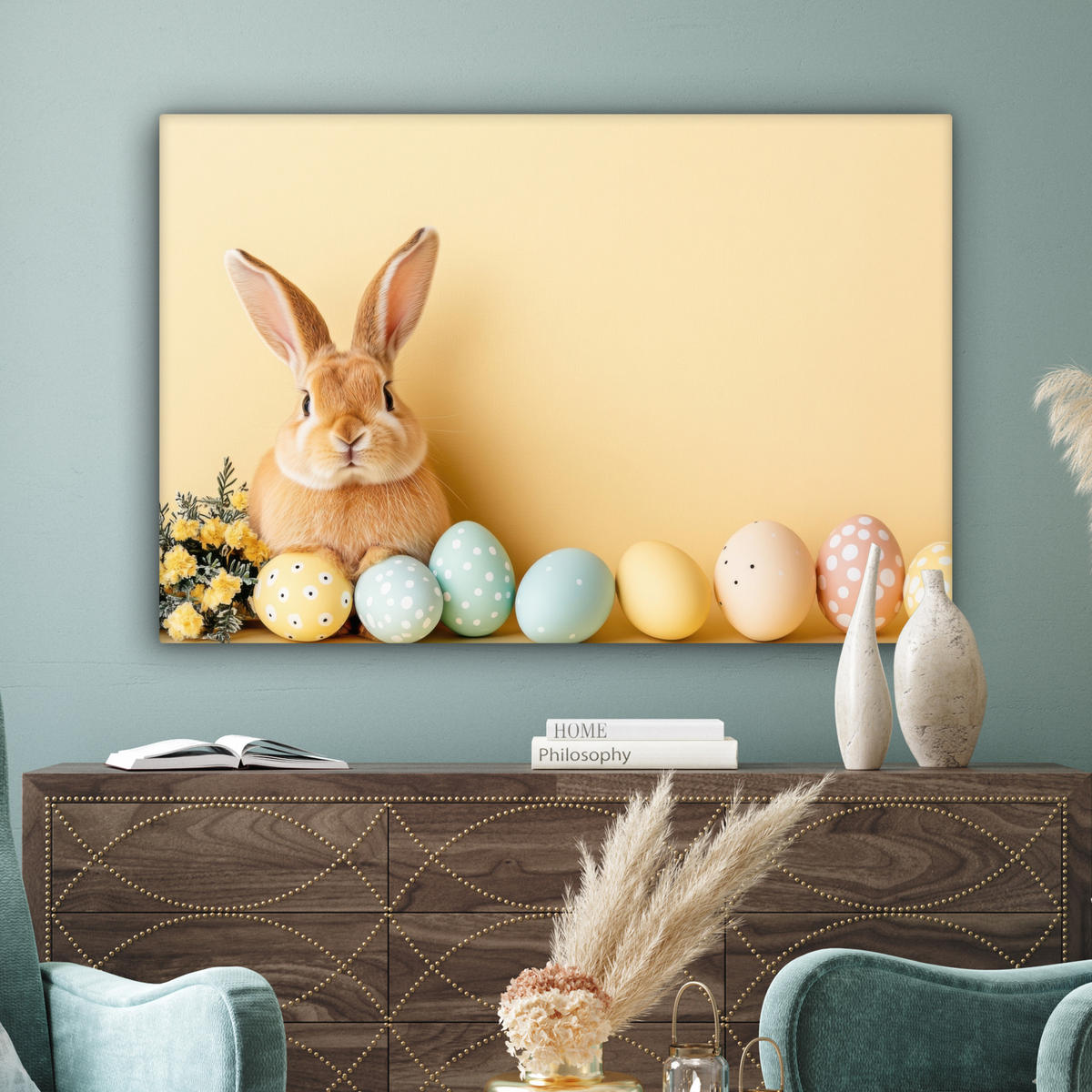 LEINWANDBILD Eier - Kaninchen - Pastellfarbtöne Wohnzimmer Groß 120x80 cm - Hellgelb, Textil (120/80cm) - MuchoWow
