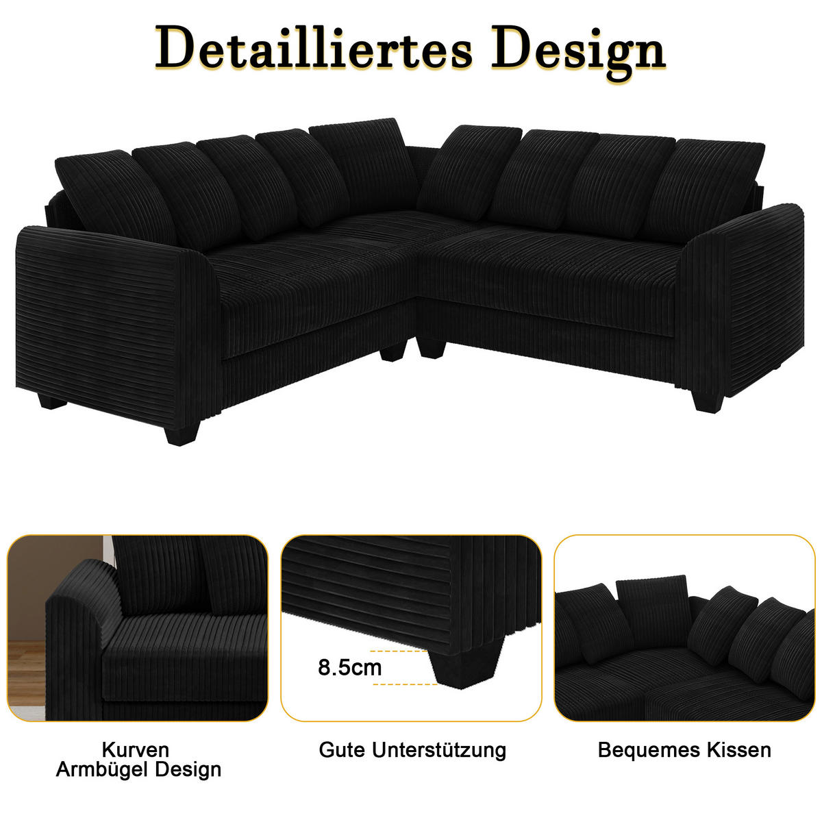 MODULARES L-Ecksofa Cord mit 9 Kissen 202/202/74 cm Schwarz - Schwarz, Textil (202/202cm) - Redom