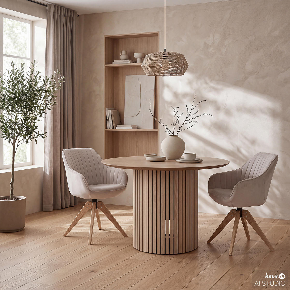 DREHBARER ARMLEHNENSTUHL - Massivholz - Textil - Beige, Holz/Textil (60/83/65cm) - home24
