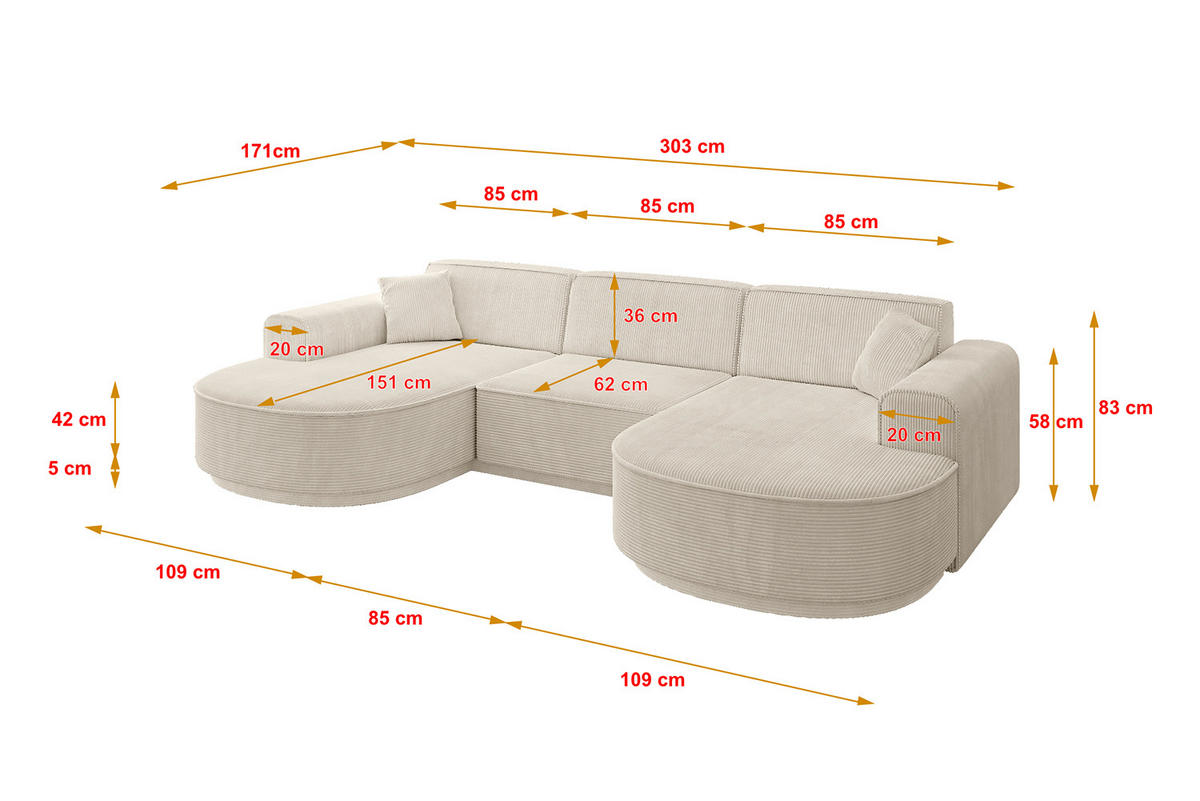 WOHNLANDSCHAFT MARI-U1-v3 - 303x171x83 cm Beige Cord - Beige/Schwarz, Holzwerkstoff/Kunststoff (303/83/171cm) - ALTDECOR