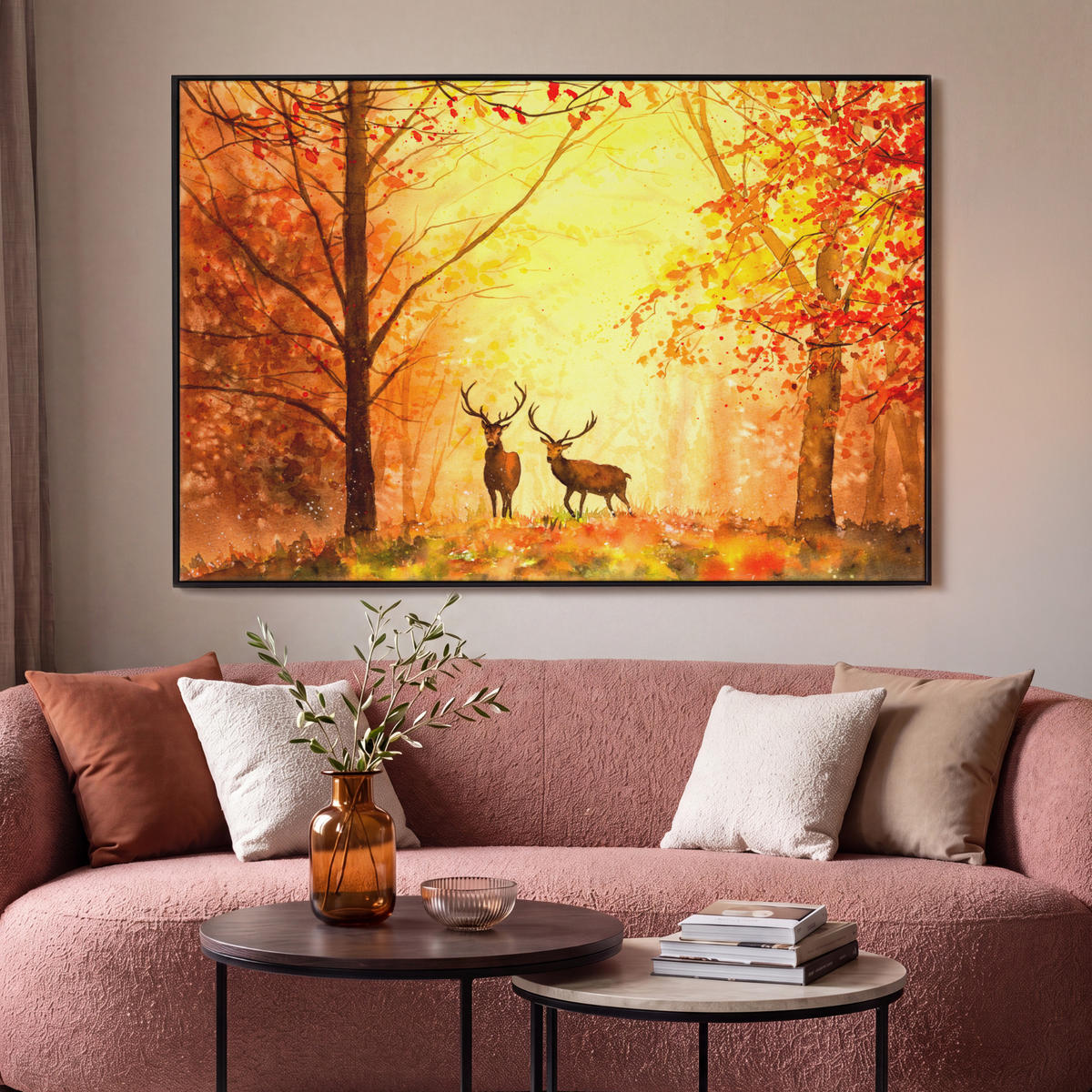LEINWAND Bilder mit Rahmen - Natur - Ölfarbe - Hirsche - Tiere - Herbst - Orange - 150x100 - Orange, Textil (150/100cm) - MuchoWow