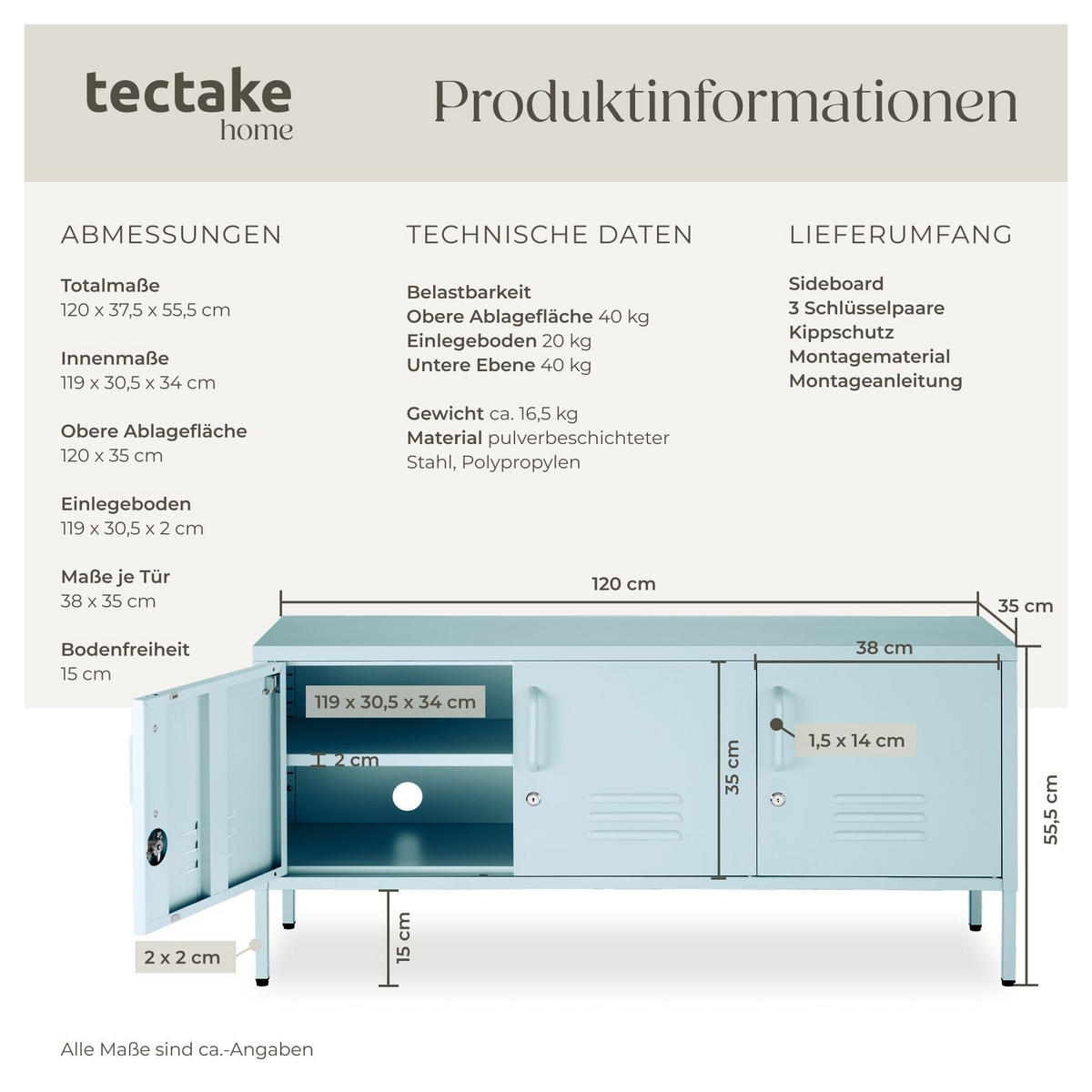 SIDEBOARD Baker, Kippschutz, höhenverstellbare Füße, grau/blau - Blau/Grau, Metall (120/55.5/37.5cm) - tectake