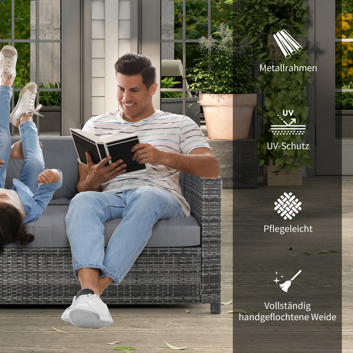 Poly-Rattan Sofa, Metall, Grau - Grau, Metall (70/80/185cm) - Outsunny