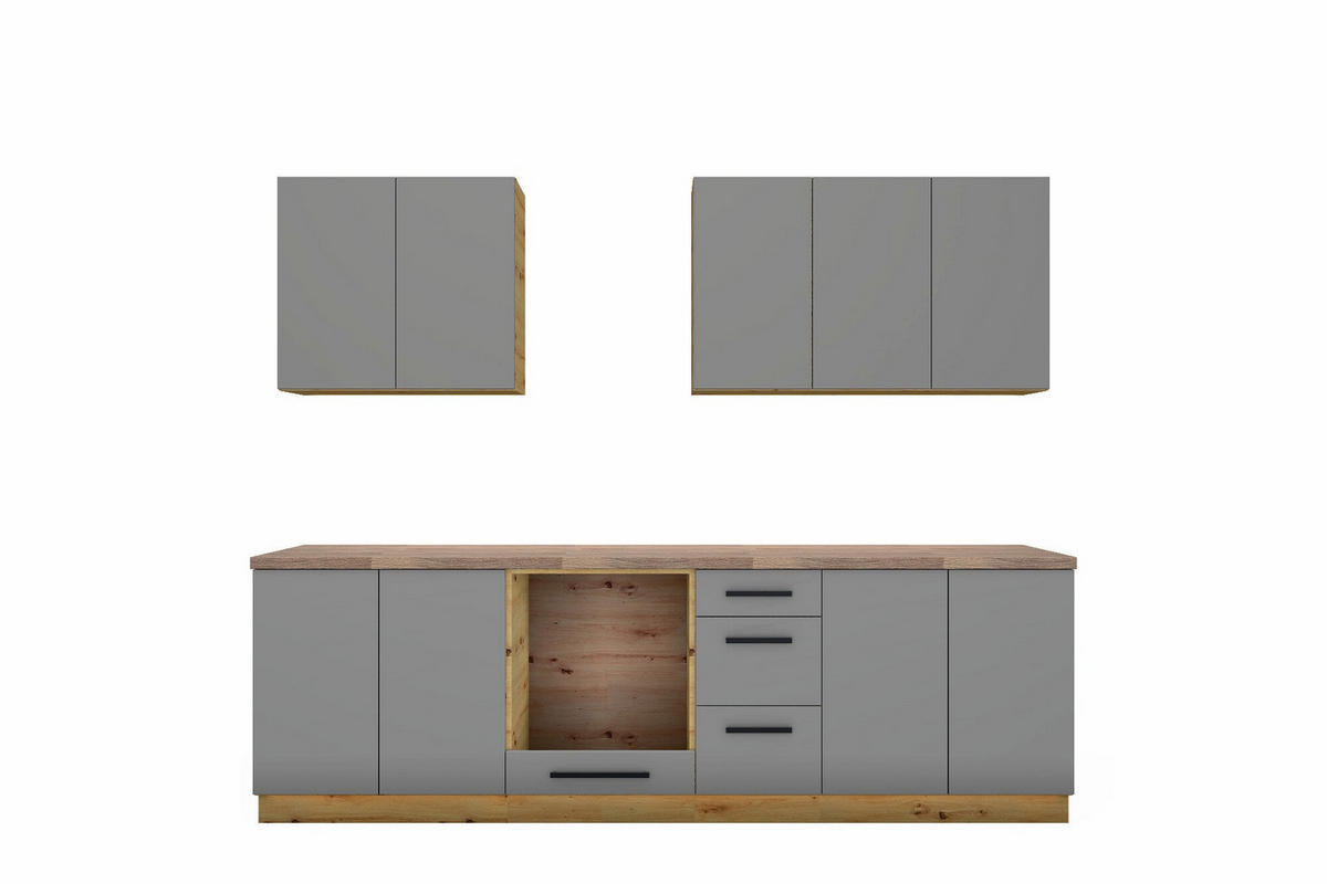 KÜCHENZEILE Nexa Grau – 260 cm – K97-G260 - Schwarz/Grau, Holzwerkstoff/Metall (260/212/52cm) - ROYAL24_MARKT