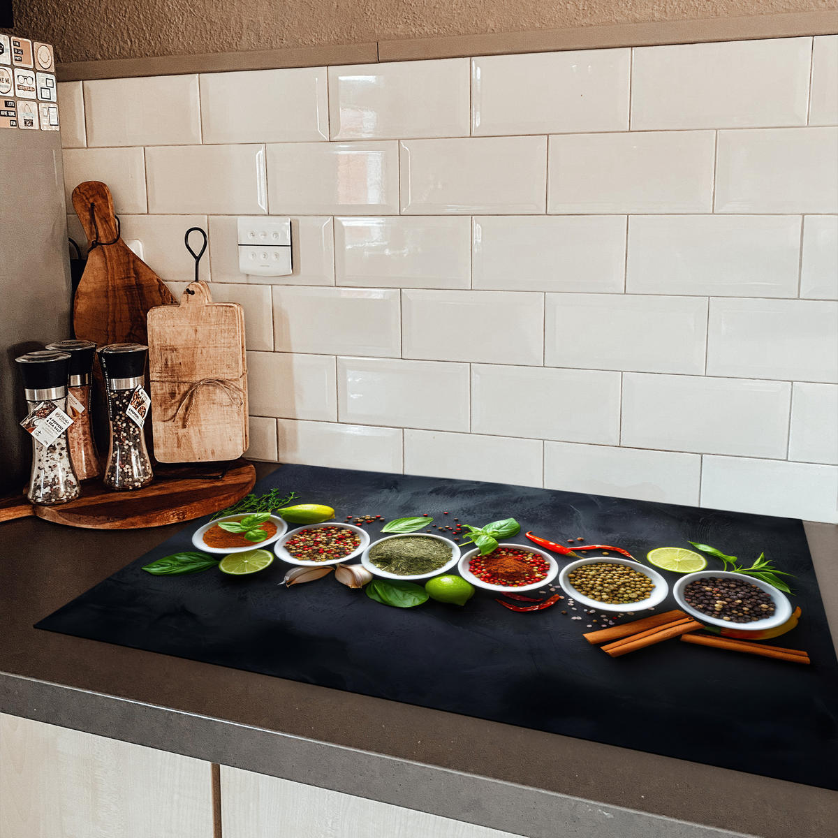 HERDABDECKPLATTE Kräuter - Gewürze - Konkrete Optik - Stilleben Ceranfeldabdeckung 80x52 cm - Multicolor, Kunststoff (80/52/0.2cm) - MuchoWow