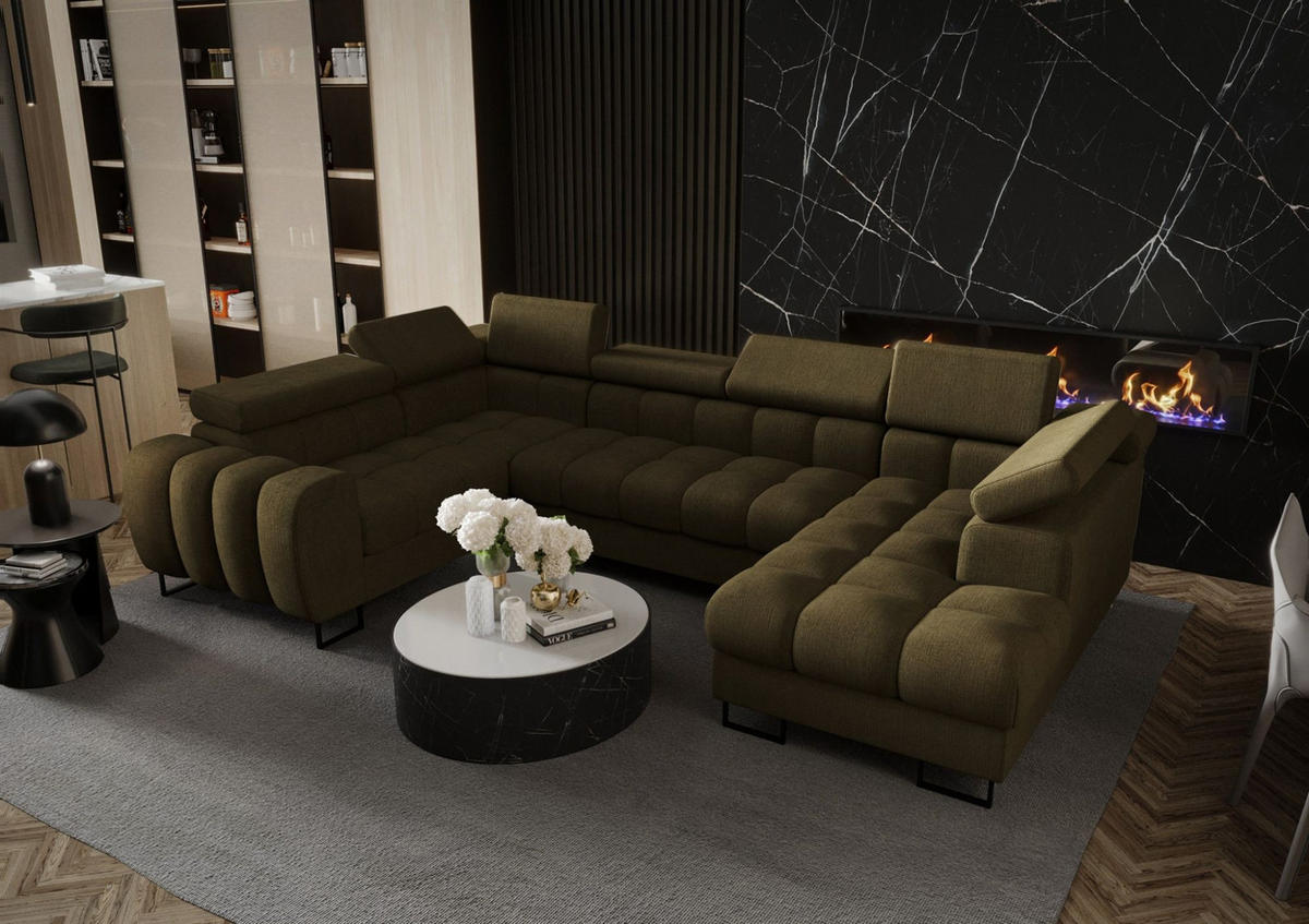 WOHNLANDSCHAFT Bastien - Dunkelgrün, Holzwerkstoff/Textil (350/95/195cm) - Fun Möbel