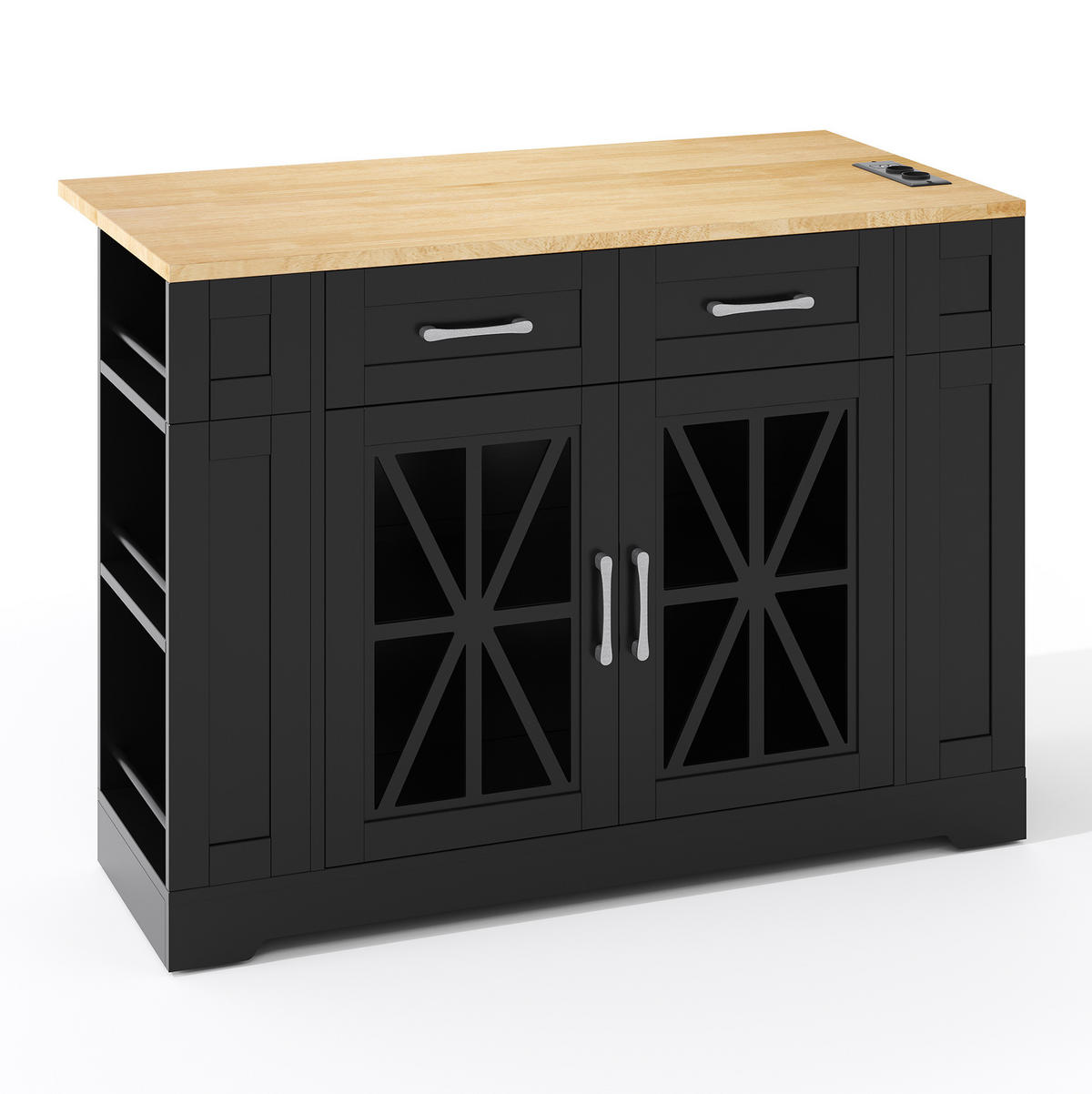 KÜCHENINSEL aus MDF 120x65x92 cm Schwarz/Natur mit Klapptisch, 2 AC-Steckdosen, 2 USB-Anschlüssen und Rollen - Schwarz, Holzwerkstoff (120/92/65cm) - Modfu