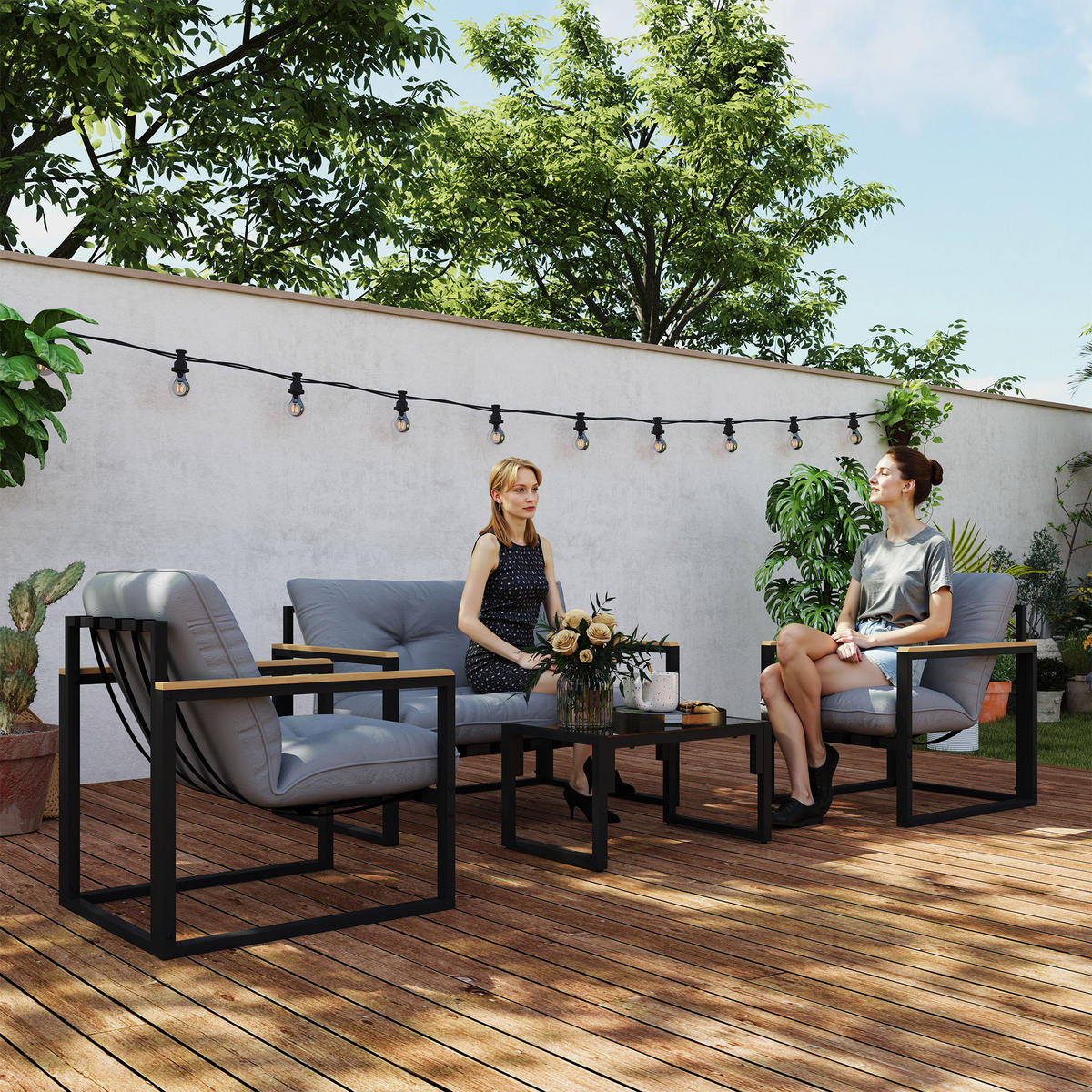 GARTENLOUNGE-SET 4-teilig DE-13425 2 Sessel + Sofa mit Tisch Grau - Hellgrau, Metall - ComfortXL