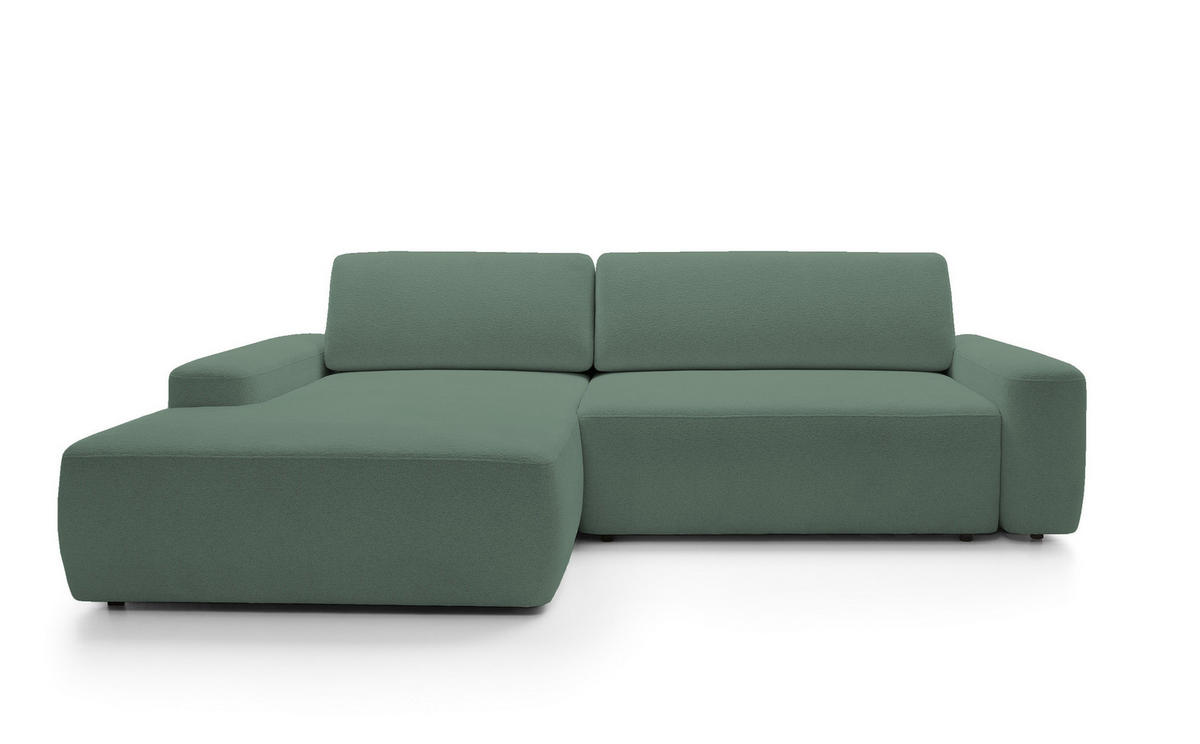 ECKSOFA BOULI 4-Sitzer ECKSOFA BOULI Raven Polstersofa mit Schlaffunktion 130x210cm Bettzeugablage 264x162x82cm linksseitig Farbe: grün - Grün, Holz/Textil (162/264cm) - DomoHome
