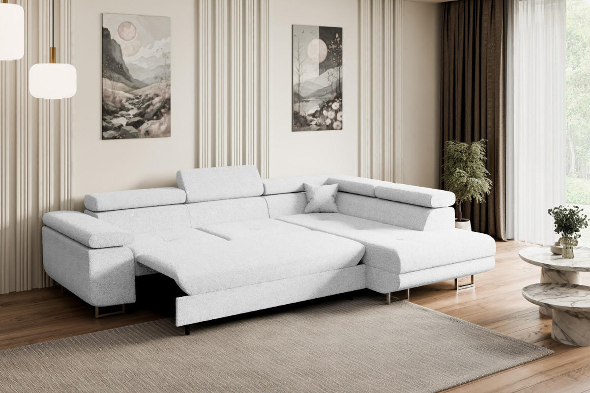 ECKSOFA mit Schlaffunktion und Bettkasten GUSA-L 272x202x107 cm Weiß Bouclé - Silberfarben/Weiß, Holzwerkstoff/Textil (272/202cm) - ALTDECOR