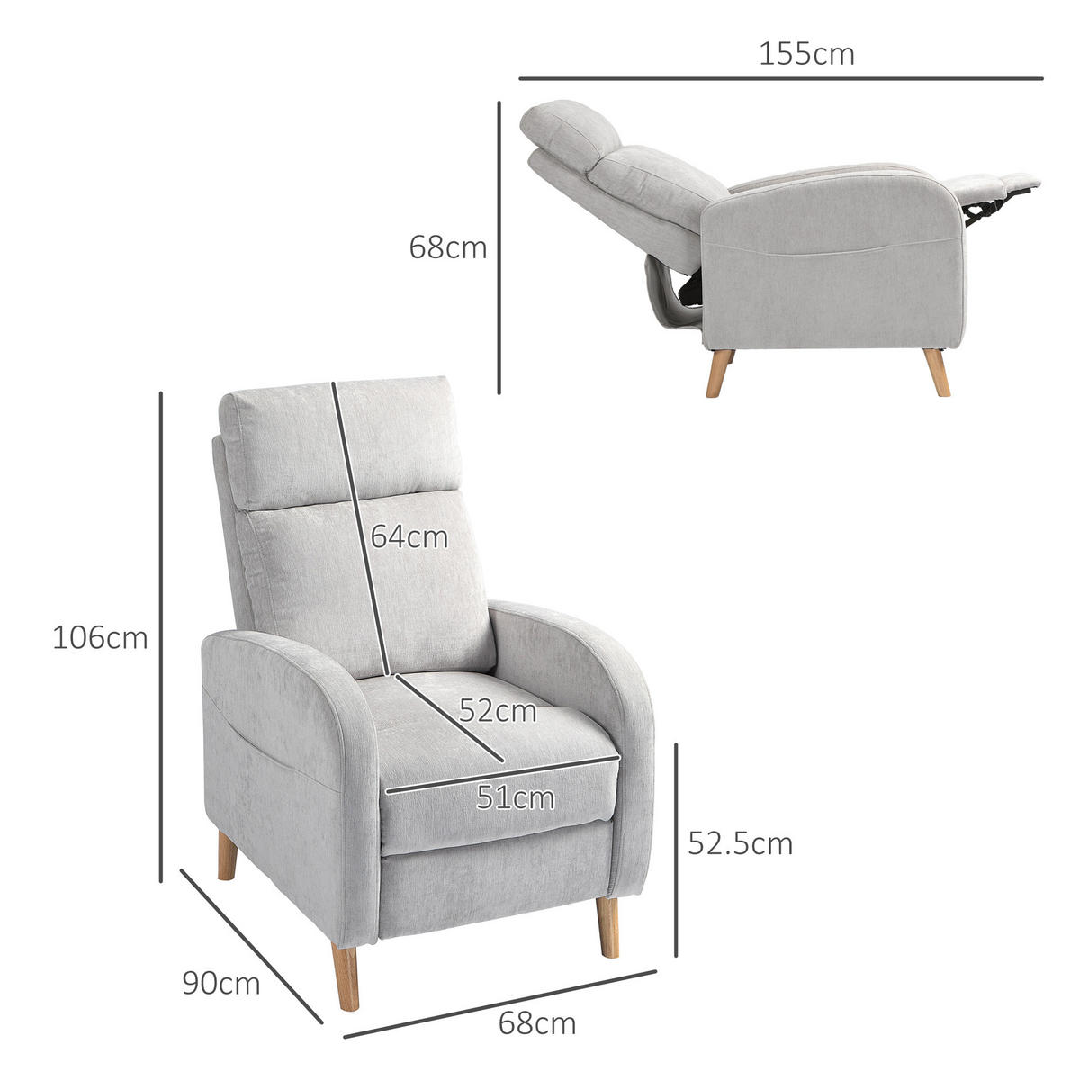 SESSEL, Verstellbar, Fußstütze, max. 150° Neigung, Leinenoptik, 68x90x106cm, Hellgrau - Multicolor, Holzwerkstoff (90/106/68cm) - FORIOUS