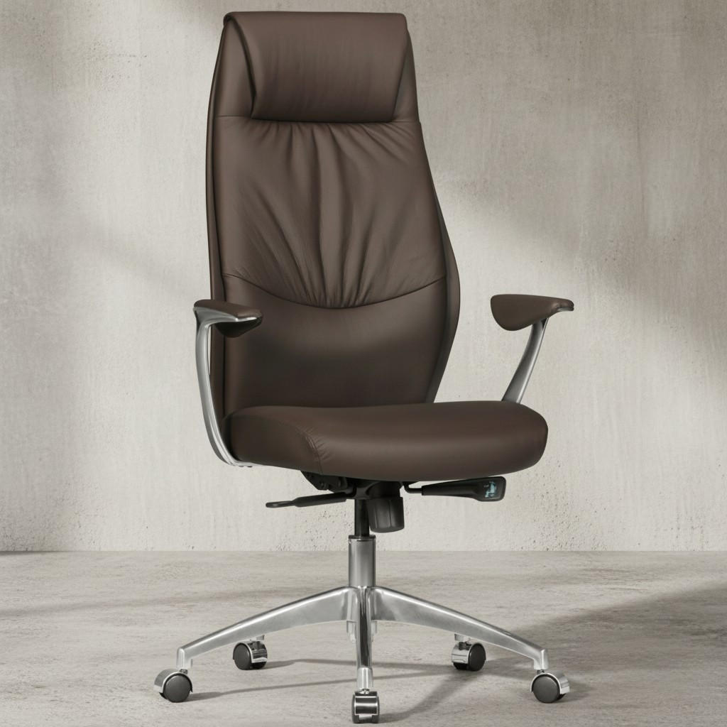 CHEFSESSEL Echtleder mit 3-Stufen-Synchronmechanik und Aluminiumfußkreuz TEMZA, Braun 67x58x125 cm - Silberfarben/Braun, Leder/Metall (67/125/58cm) - KADIMA DESIGN