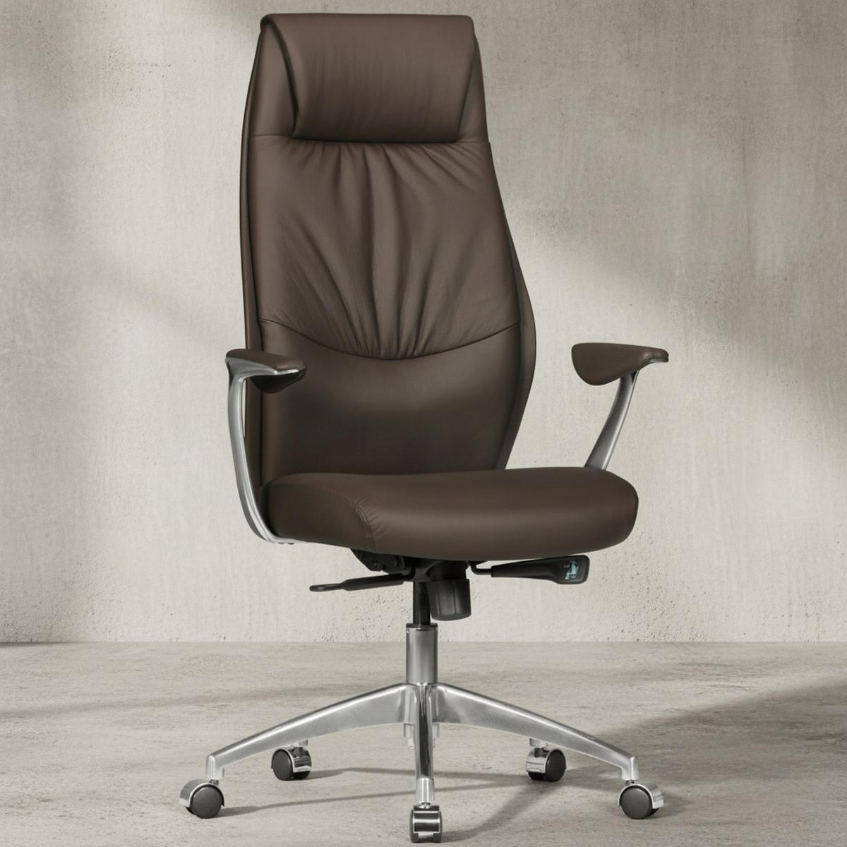 CHEFSESSEL Echtleder mit 3-Stufen-Synchronmechanik und Aluminiumfußkreuz TEMZA, Braun 67x58x125 cm - Silberfarben/Braun, Leder/Metall (67/125/58cm) - KADIMA DESIGN