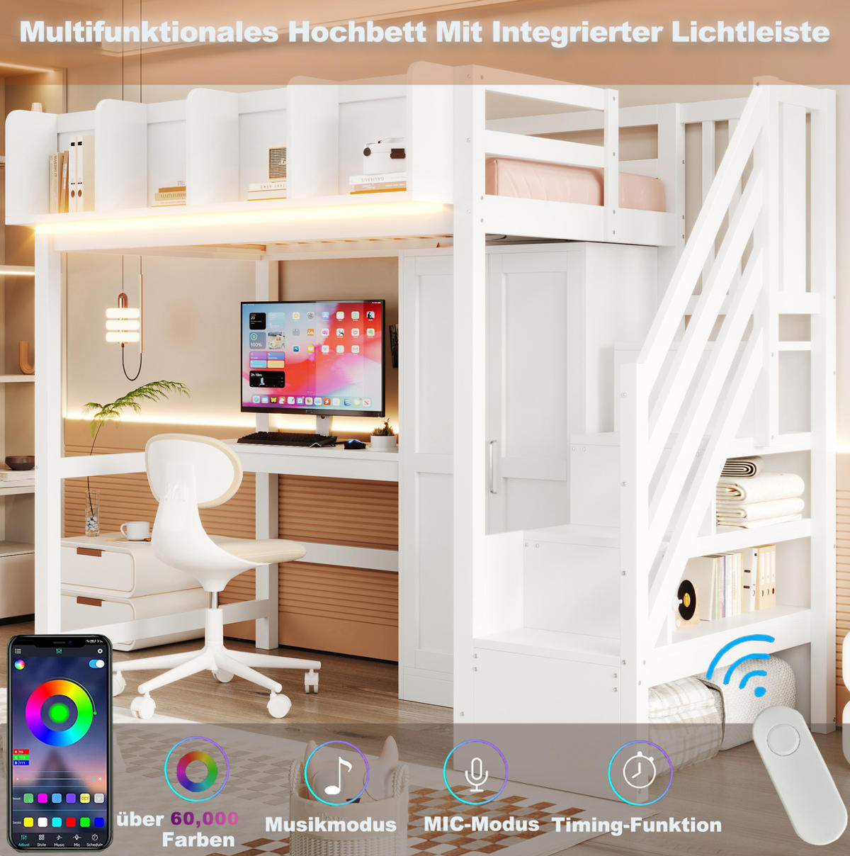HOCHBETT 90/200 cm Weiß mit Schreibtisch, Kleiderschrank und LED - Weiß, Holz (90/200cm) - MIVRAY