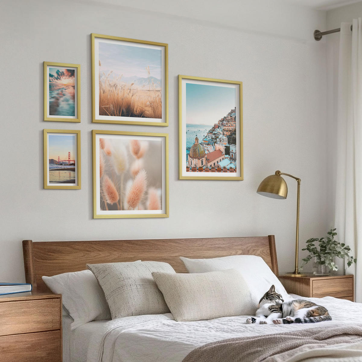 BILDER SET 5er Set - 50x50 cm & 20x30 cm & 40x60 cm Goldrahmen - Sonnenuntergang am Meer, Häuser, Blumen - Goldfarben, Kunststoff (40/60cm) - TULUP