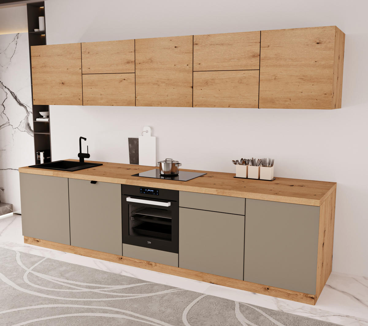 KÜCHENZEILE 300 cm - Langen KL30-M300 - in Beige / Artisan Eiche - Beige/Eiche Artisan, Holz (300/212/52cm)