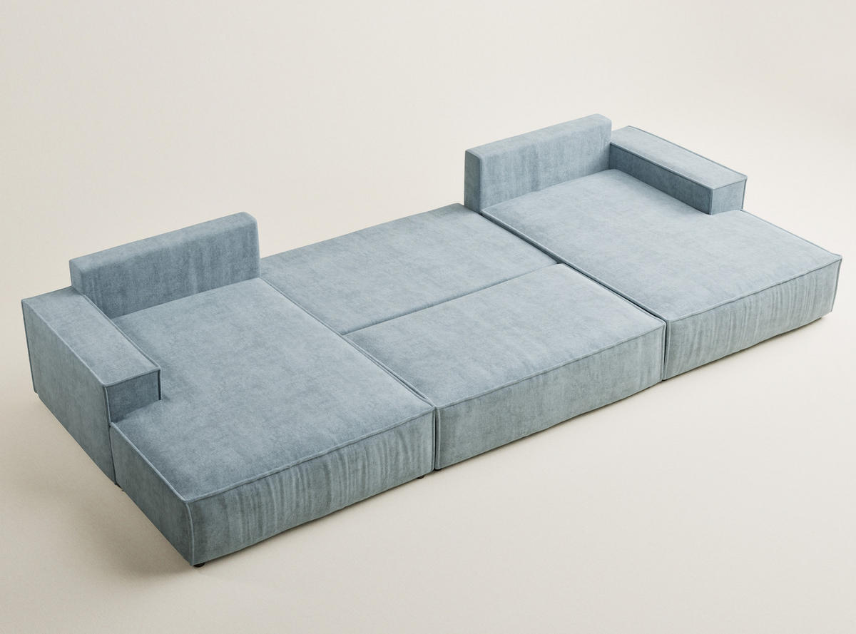 WOHNLANDSCHAFT Kyoto Hellblau Webstoff - Schwarz/Hellblau, Holz/Holzwerkstoff (398/70/148cm) - Maison de Reve