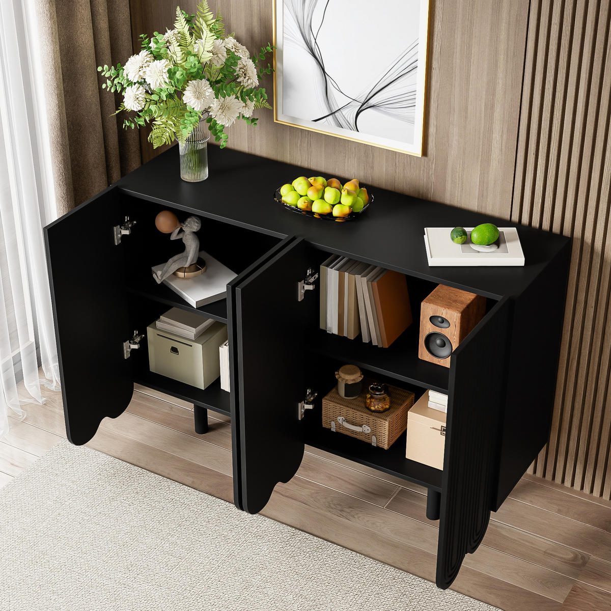 SIDEBOARD DE-38212 120/37,5/80,8 cm mit 4 Türen und tropfenförmigen Schnitzereien Schwarz - Schwarz, Holzwerkstoff (120/80.8/37.5cm) - ComfortXL