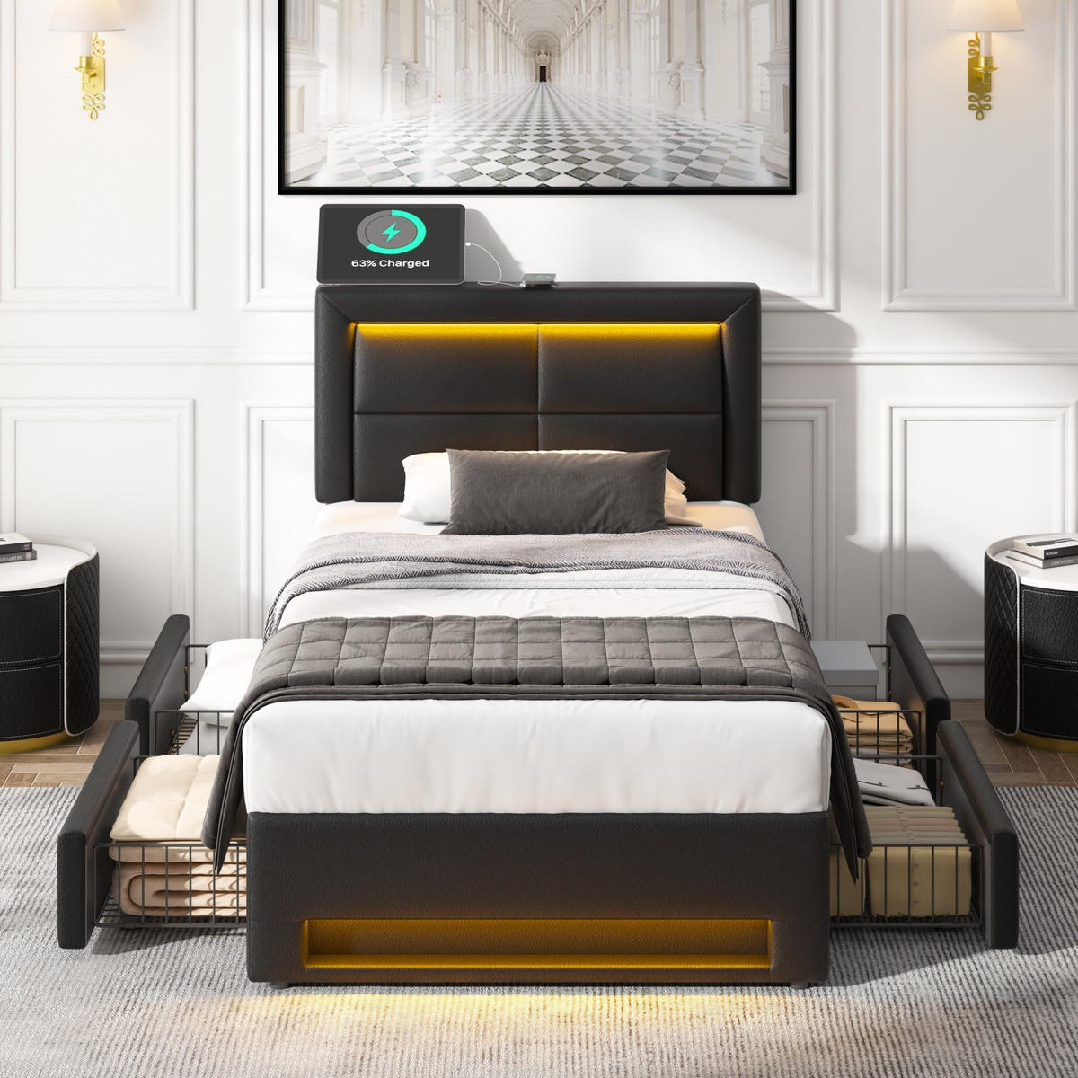 BETT mit LED, USB und 4 Schubladen 90x190 cm PU Schwarz - Schwarz, Metall (90/190cm) - Meubliv