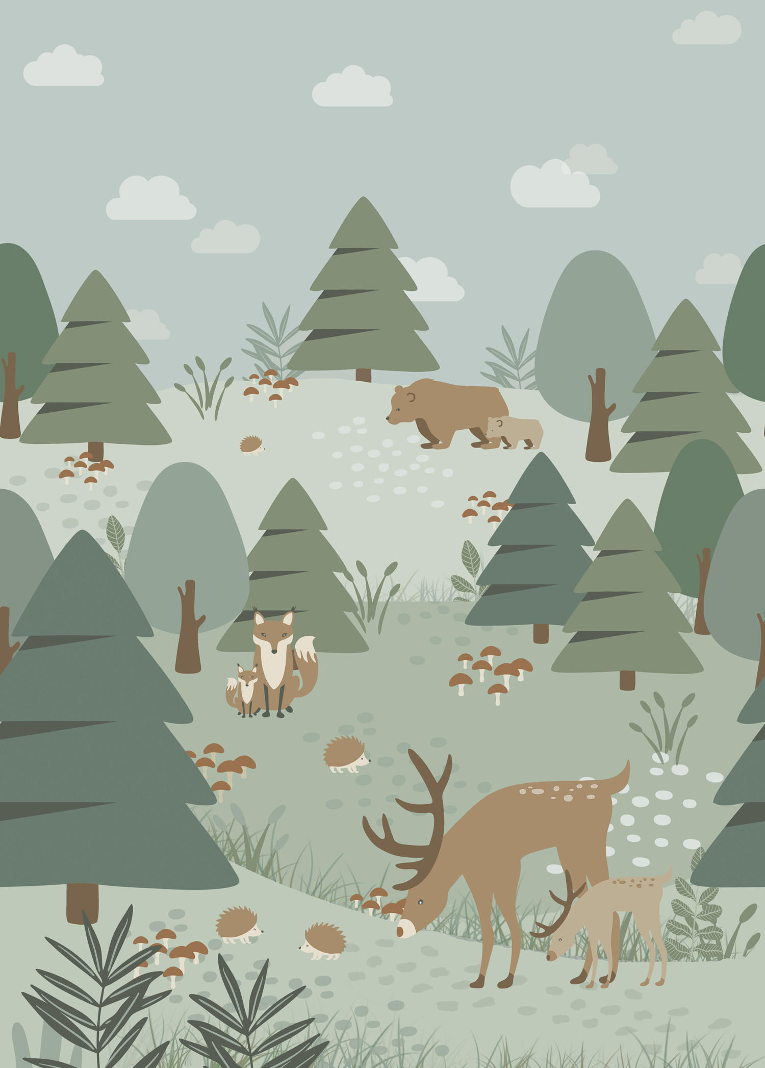 FOTOTAPETE Wald mit Waldtieren 200 x 279 cm - Grün, Papier (200/279cm) - ESTAhome