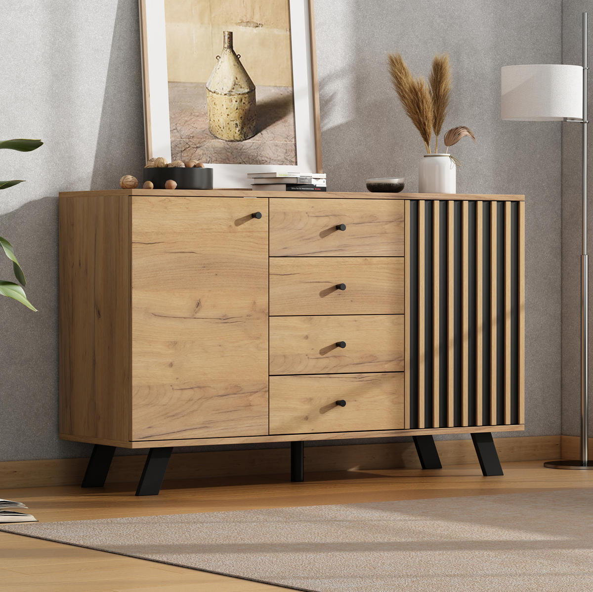 SIDEBOARD 120/38/75 cm Schwarz/Natur aus MDF mit 4 Schubladen und 2 Schränken - Schwarz, Holzwerkstoff (38/75/120cm) - OKMYHOME