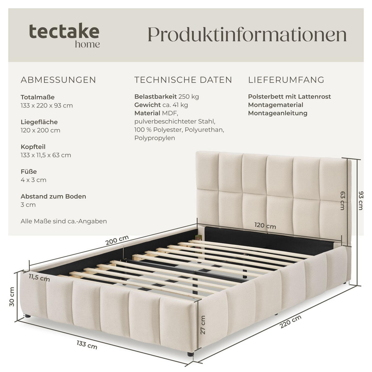 POLSTERBETT Shirley, Belastbarkeit 250 kg, Samtoptik sand - Gelb/Samtahornfarben, Holz (120/200cm) - tectake