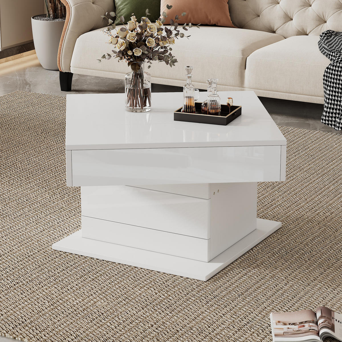 COUCHTISCH 70/70/45 cm Weiß hochglänzend mit 360° drehbarer Tischplatte und 1 Schublade - Weiß, Holzwerkstoff (70/70/45cm) - OKWISH