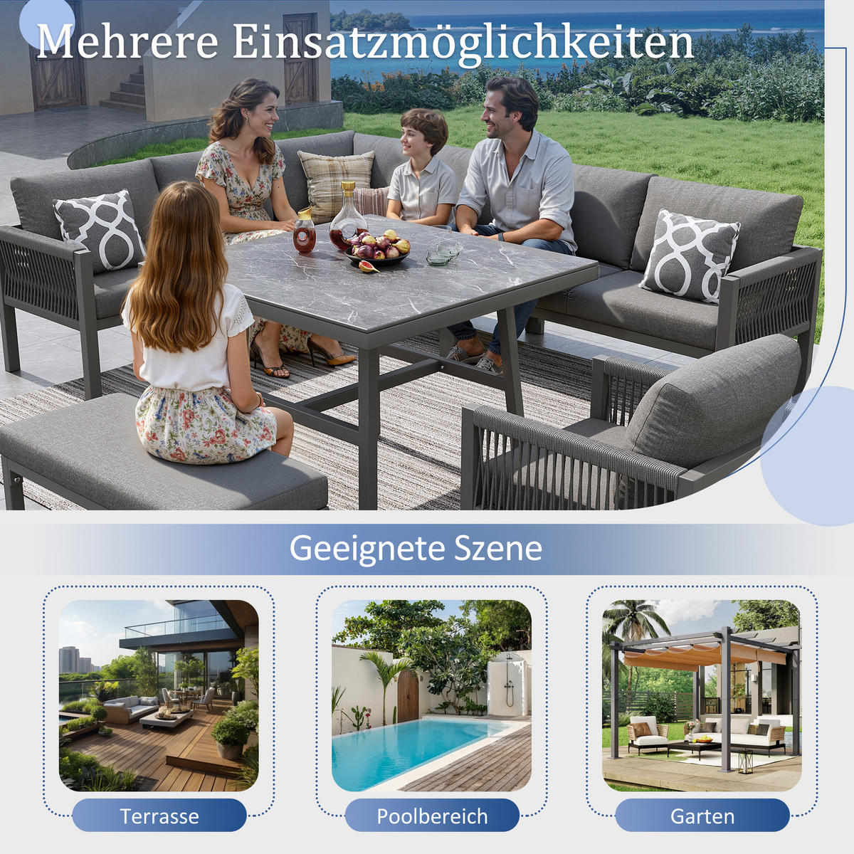 GARTENSET L-Form 8 Personen Grau Inkl. Marmortisch & 2 Sesseln - Grau, Metall - FLIEKS