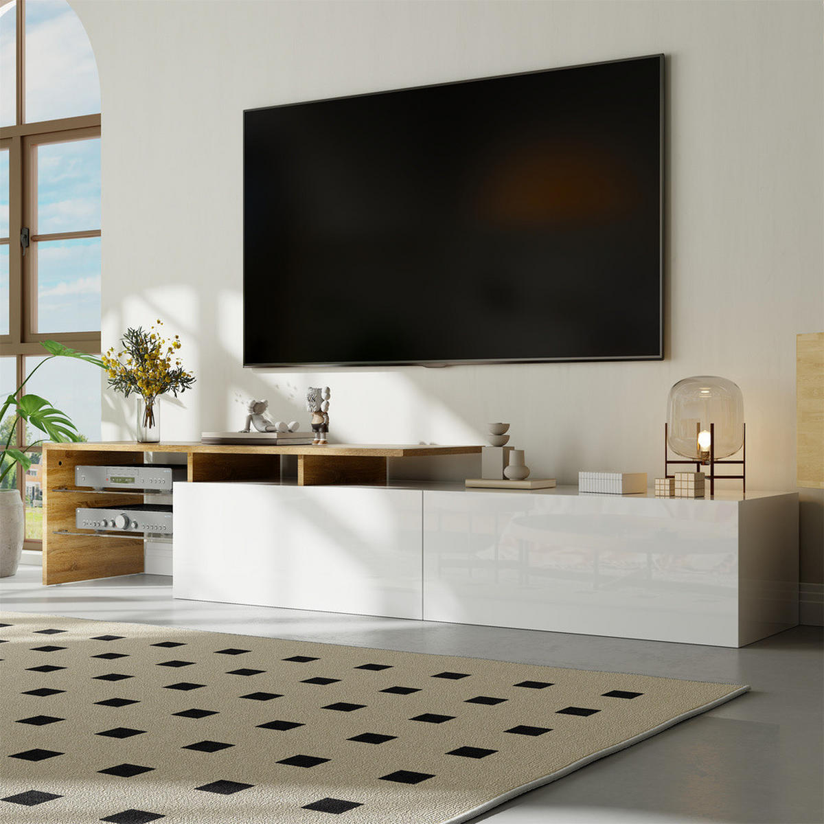 TV-SCHRANK Modern Hochglanzweiß Holzoptik Glasböden LED-Beleuchtung - Weiß, Holz (42.19/18.42/143cm) - FLIEKS
