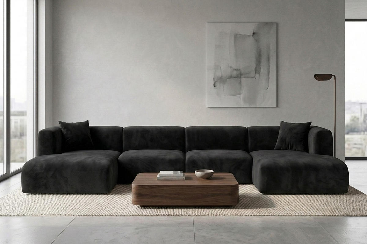 ECKSOFA U-Form, Velvet-Stoff Bluvel, Schwarz, GRETA - Schwarz, Holz (408/70/179cm) - Kaiser Möbel