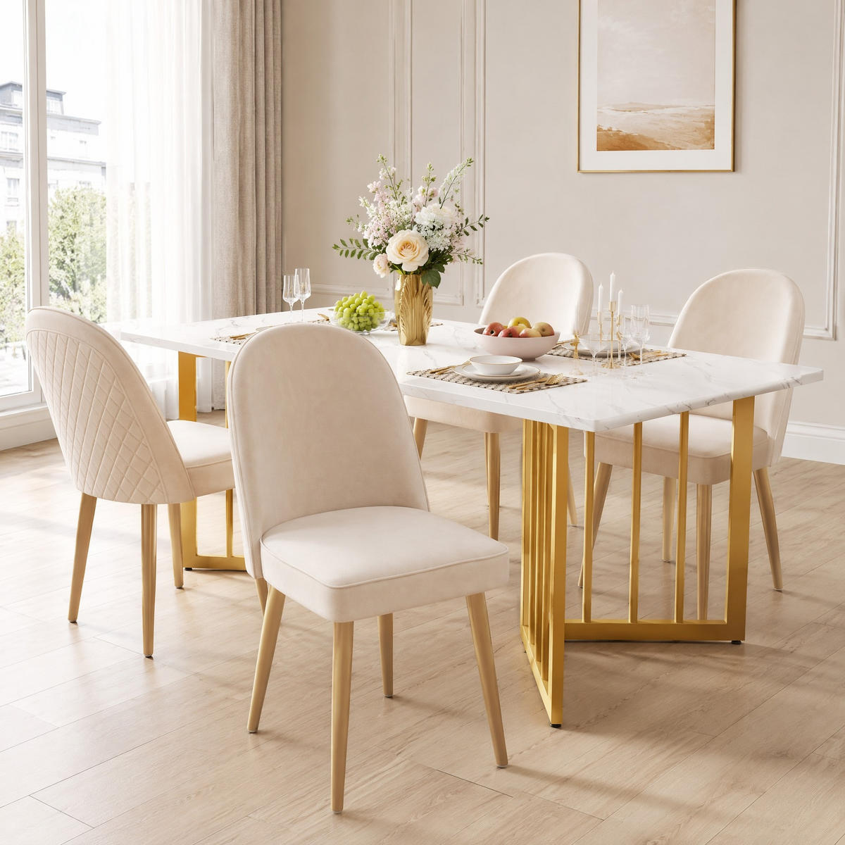 WOHNZIMMER STÜHLE mit Samtbezug 4tlg Metallbeinen - Beige, Textil (45.5/87.5/62cm) - EVRYAE