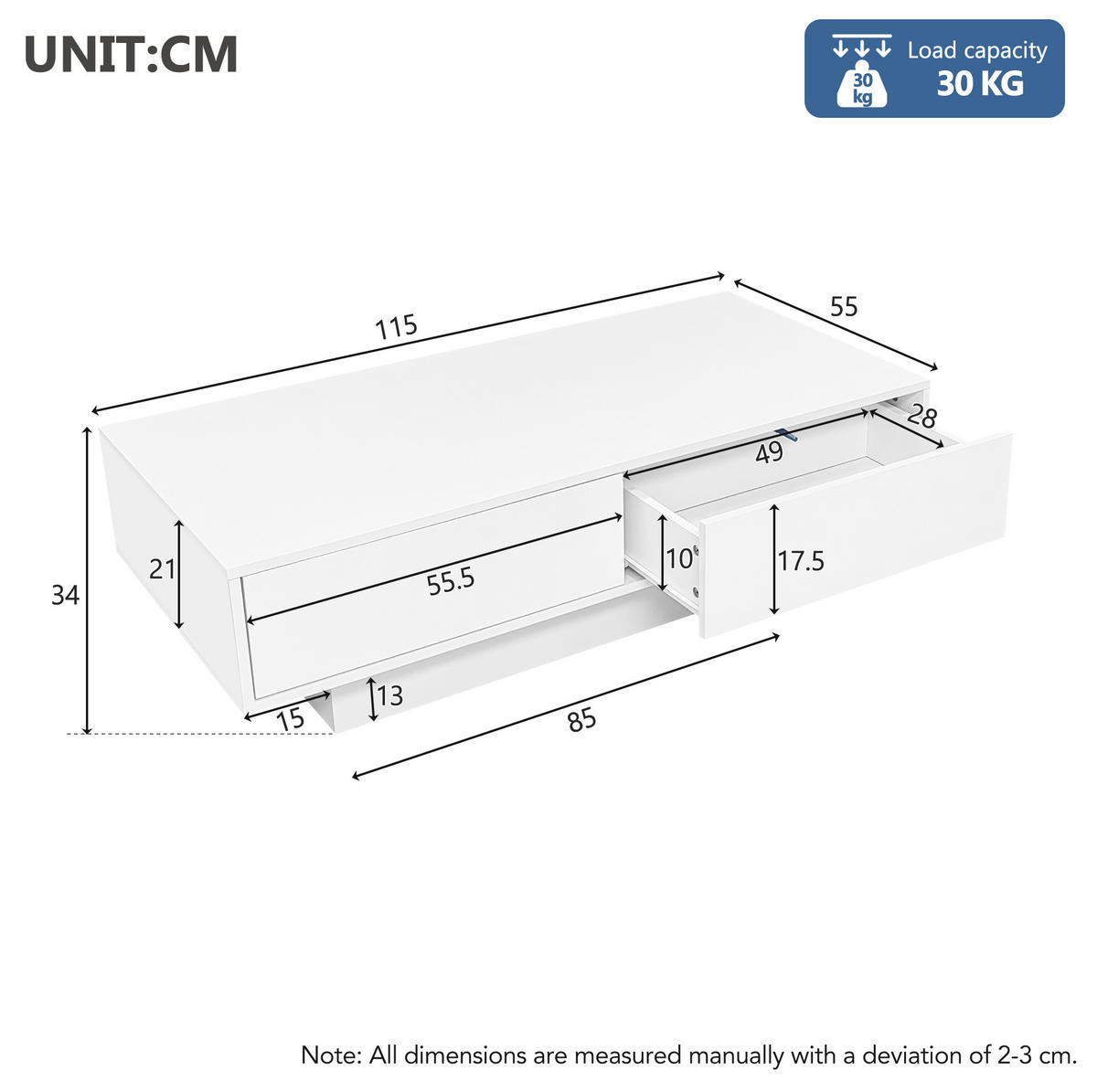 COUCHTISCH aus Spanplatte 115x55x34 cm Weiß mit 2 Schubladen, LED-Beleuchtung und Hochglanz-Oberfläche - Weiß, Holzwerkstoff (115/55/34cm) - Modfu