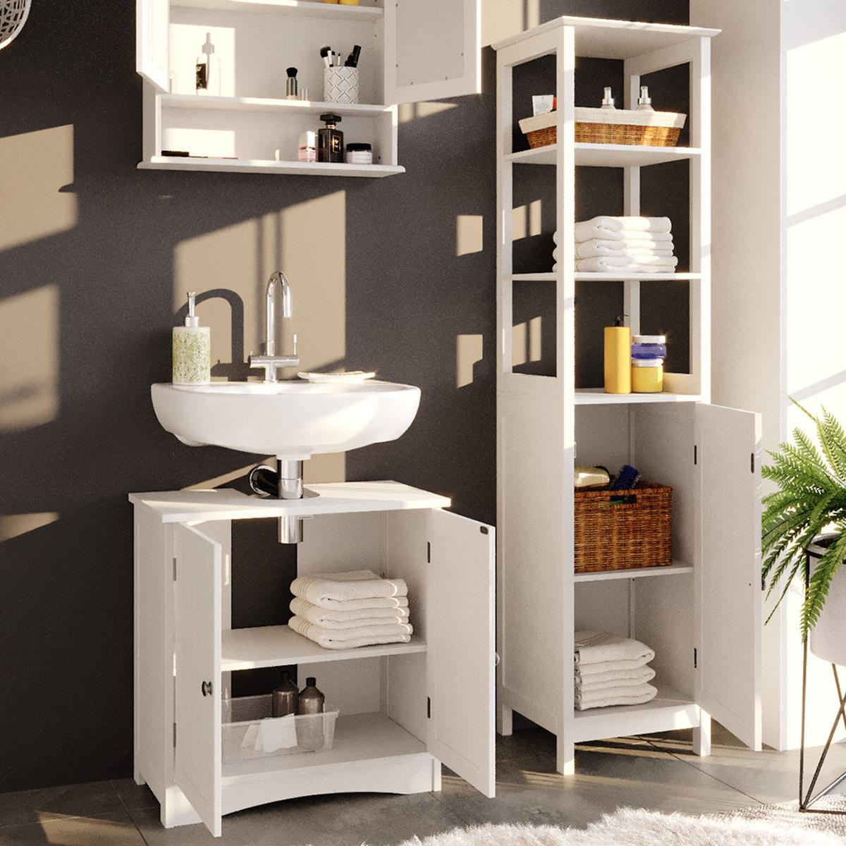 BADMÖBEL-SET Bianco Weiß 3 Teile, mit Hochschrank - Weiß, Holzwerkstoff (60/60/30cm) - Vicco