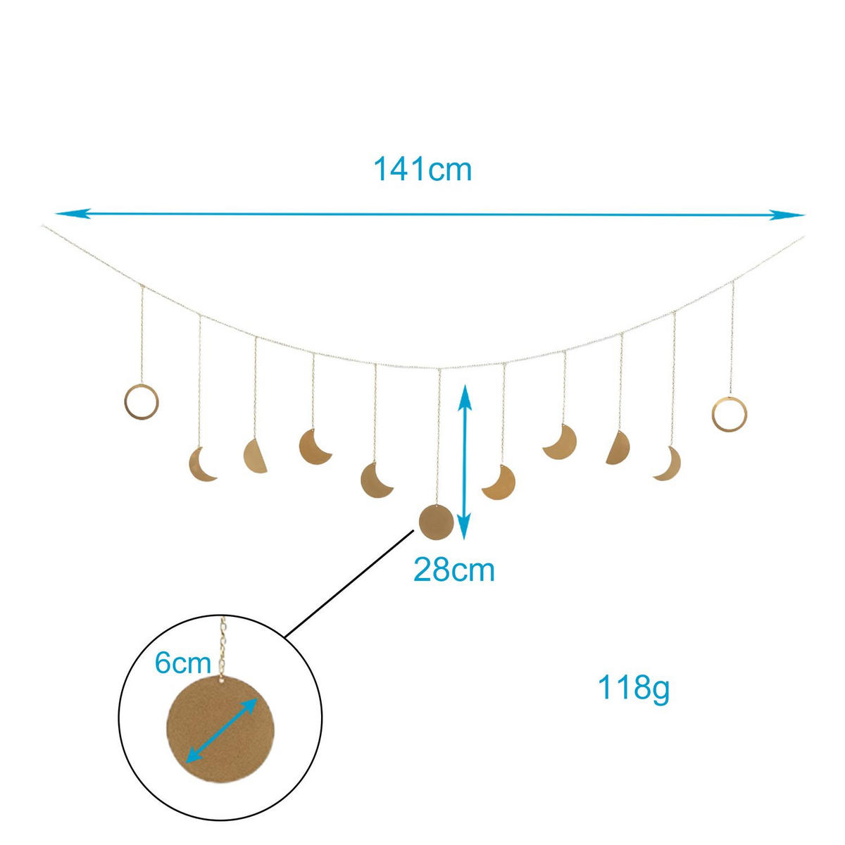 MONDPHASEN DEKO GIRLANDE 114 /28 cm - Goldfarben, Metall (28/1/141cm) - Intirilife