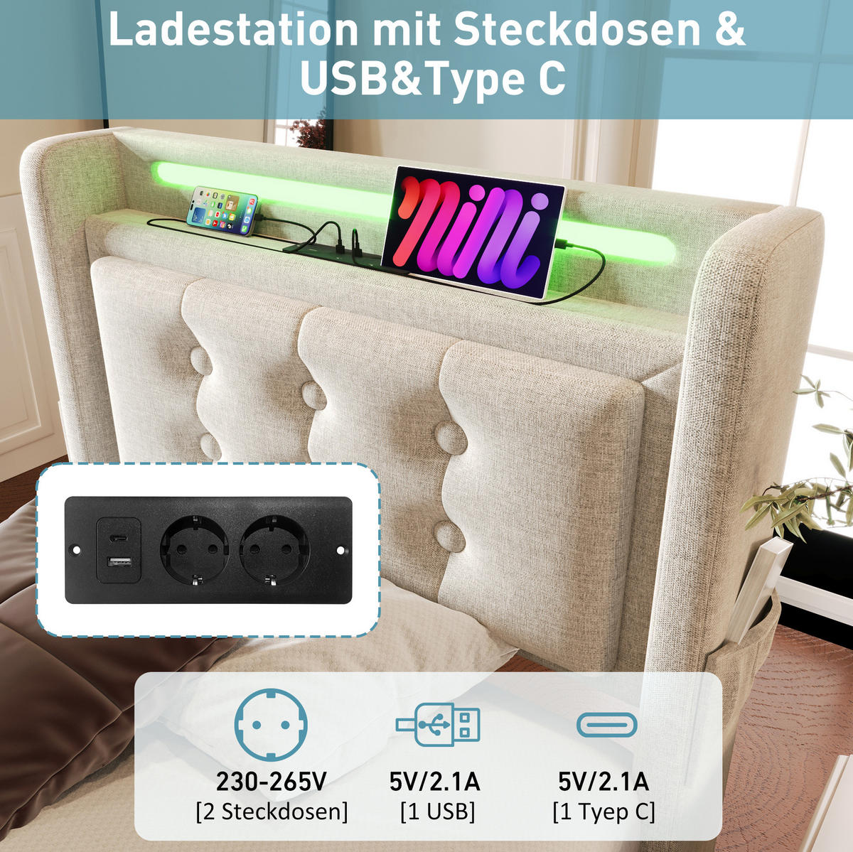 POLSTERBETT 90/200 cm Beige aus Baumwoll-Leinenstoff mit LED-Beleuchtung - Beige, Textil (90/200cm) - OKMYHOME
