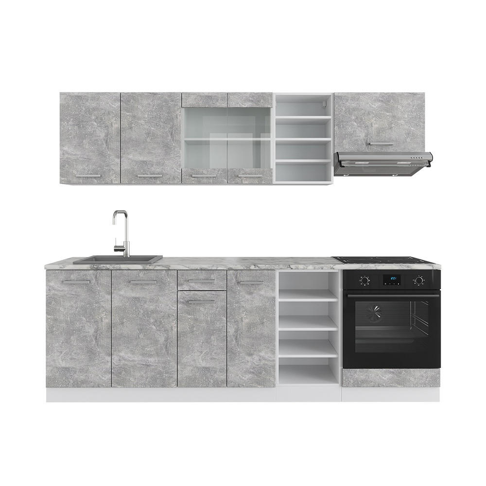 KÜCHENZEILE R-Line Beton/Weiß 240 cm ohne Arbeitsplatte - Weiß/Grau, Holzwerkstoff (240/206.8/46cm) - Vicco