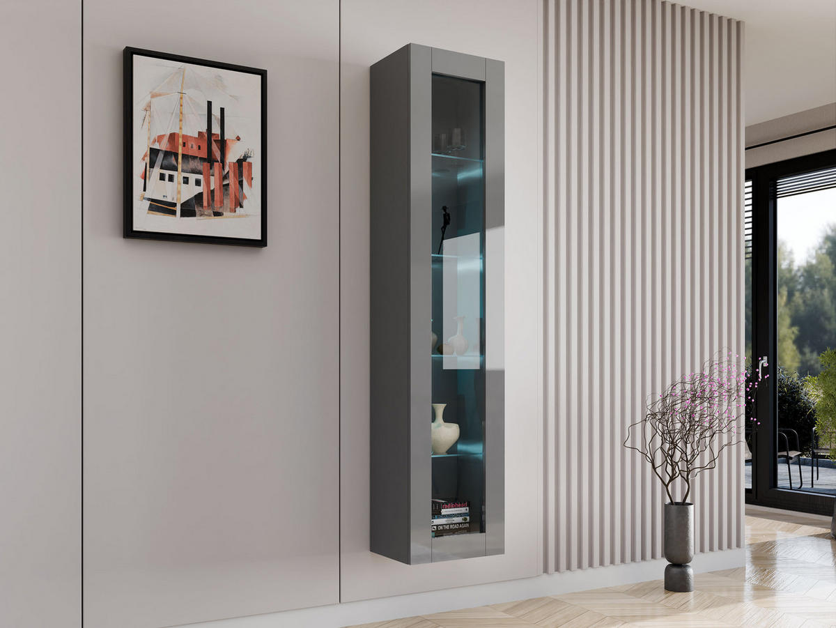 HÄNGEVITRINE 180 Vigo Glas mit blauer LED Beleuchtung - Grau, Holzwerkstoff (40/180/30cm) - MIRJAN24
