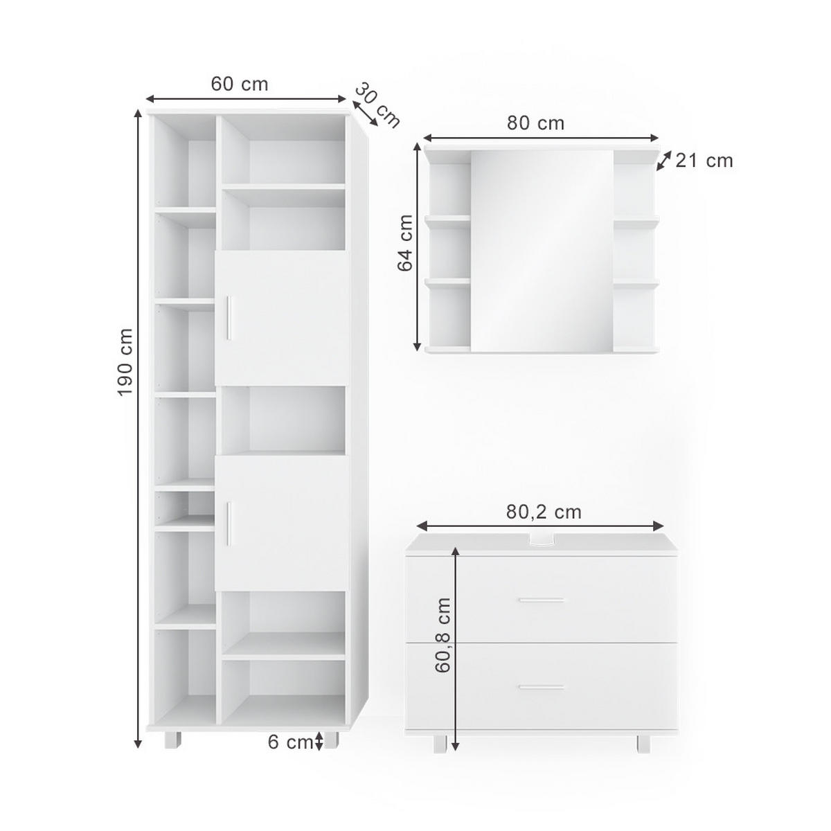BADMÖBEL-SET Ilias Weiß 3 Teile, mit Hochschrank - Weiß, Holzwerkstoff (80.2/60.8/33cm) - Vicco