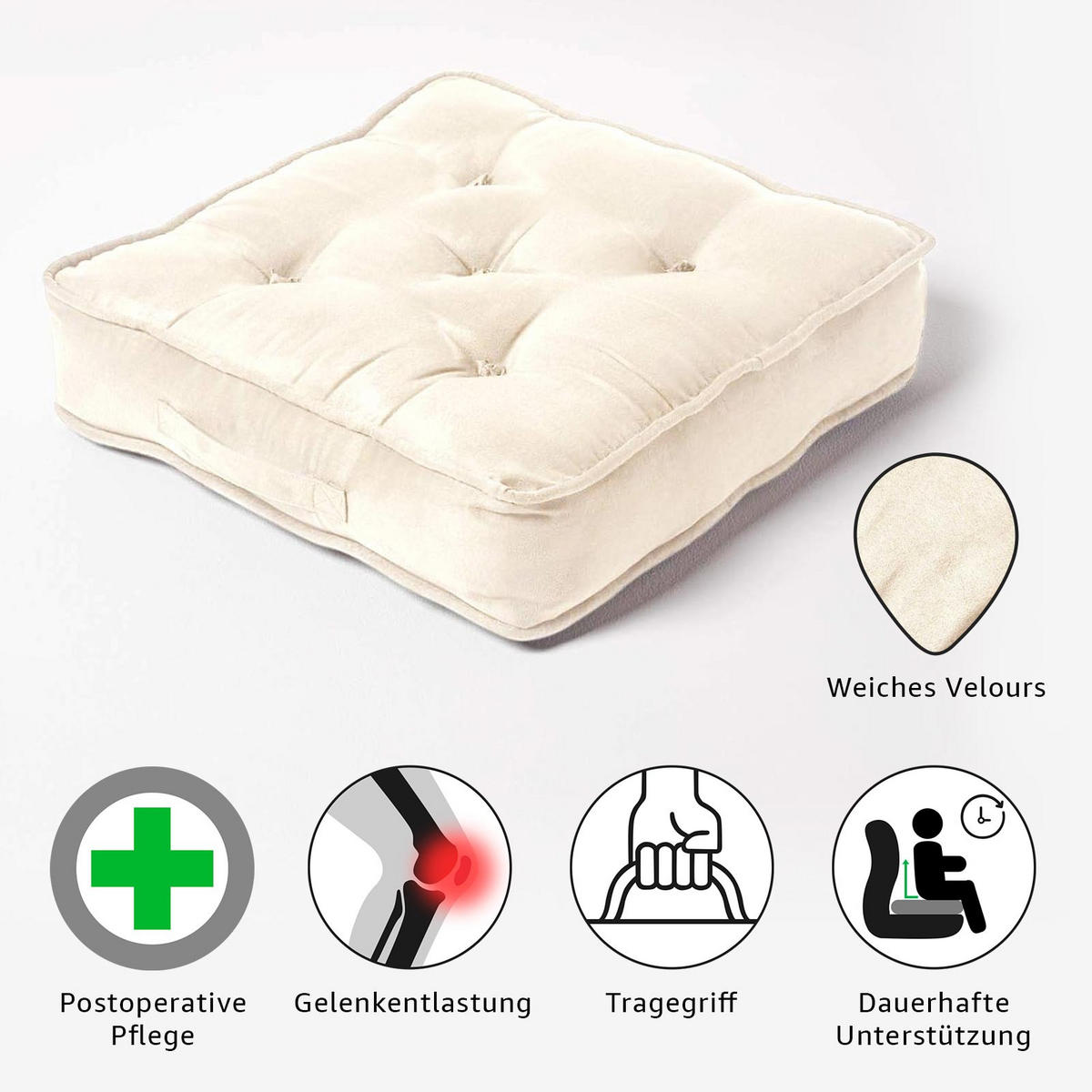 SITZKISSEN creme 50/50/10 cm – Sesselkissen, Velours - Creme, Textil (50/50/10cm) - Homescapes
